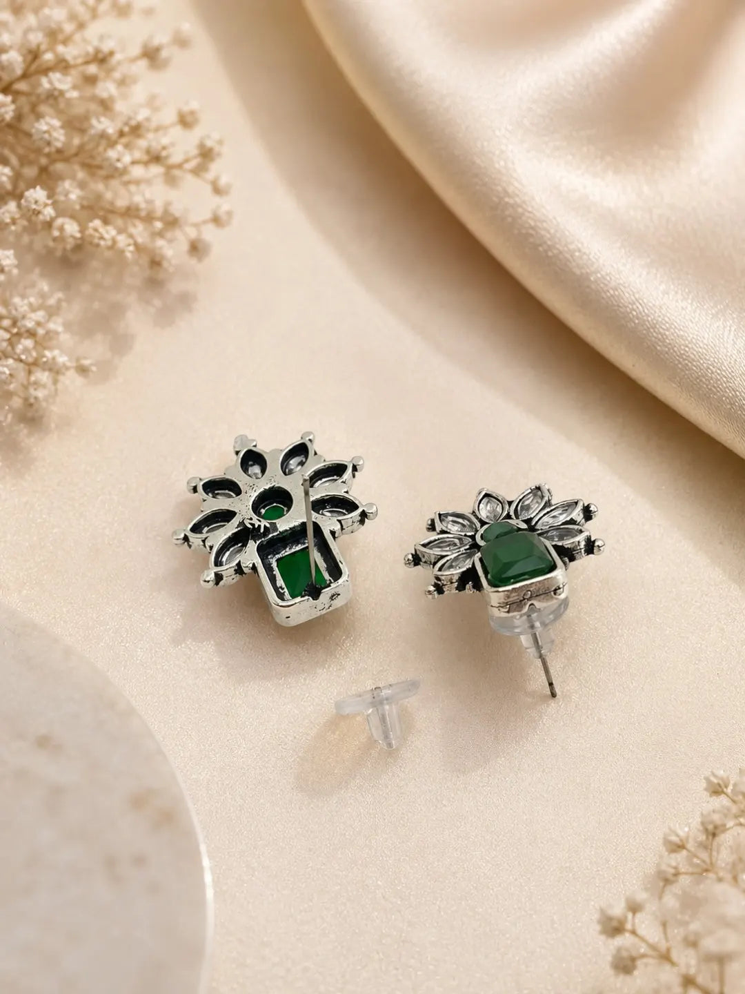 German Silver Green Floral Statement Stud Earrings