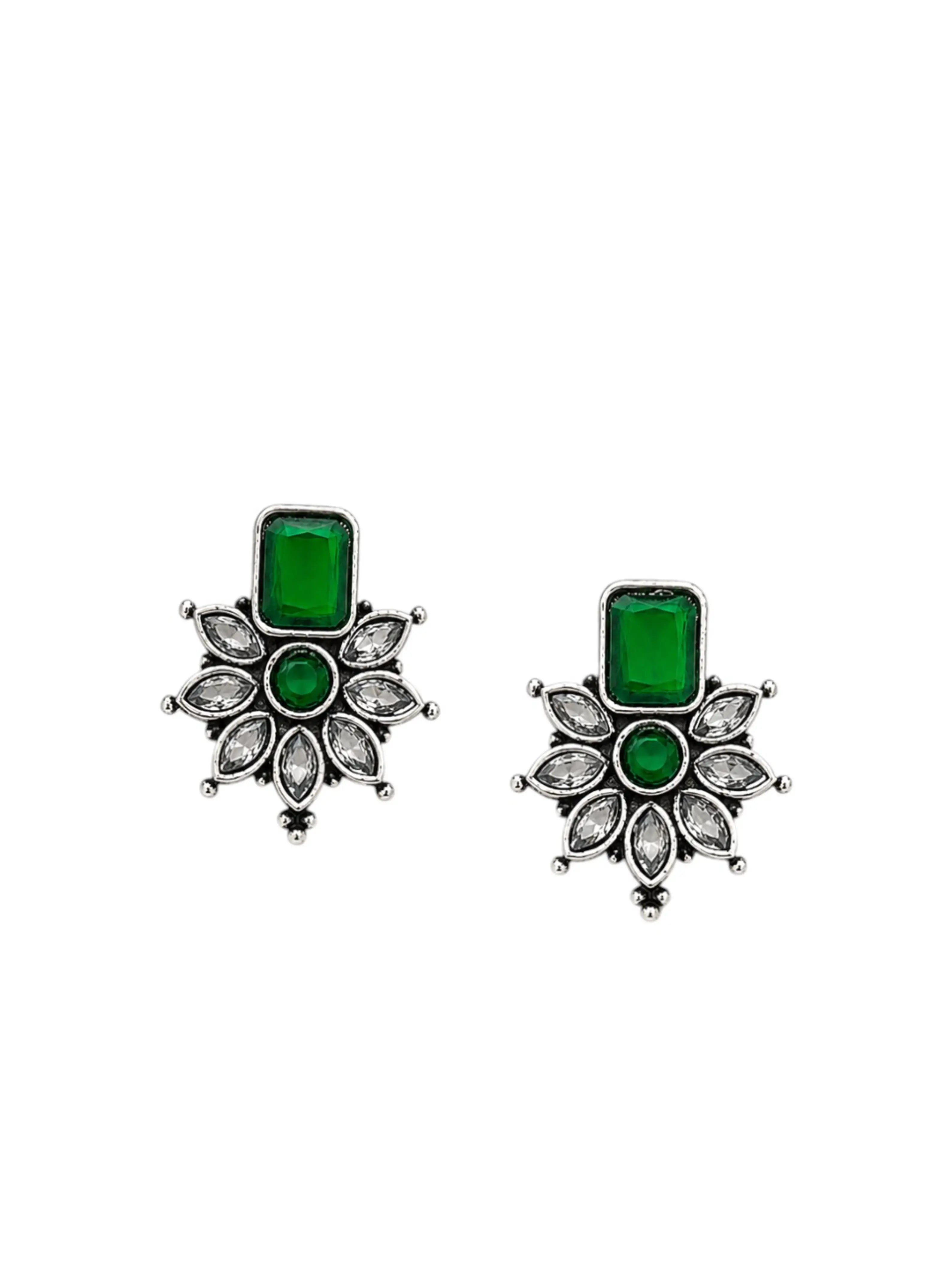 German Silver Green Floral Statement Stud Earrings