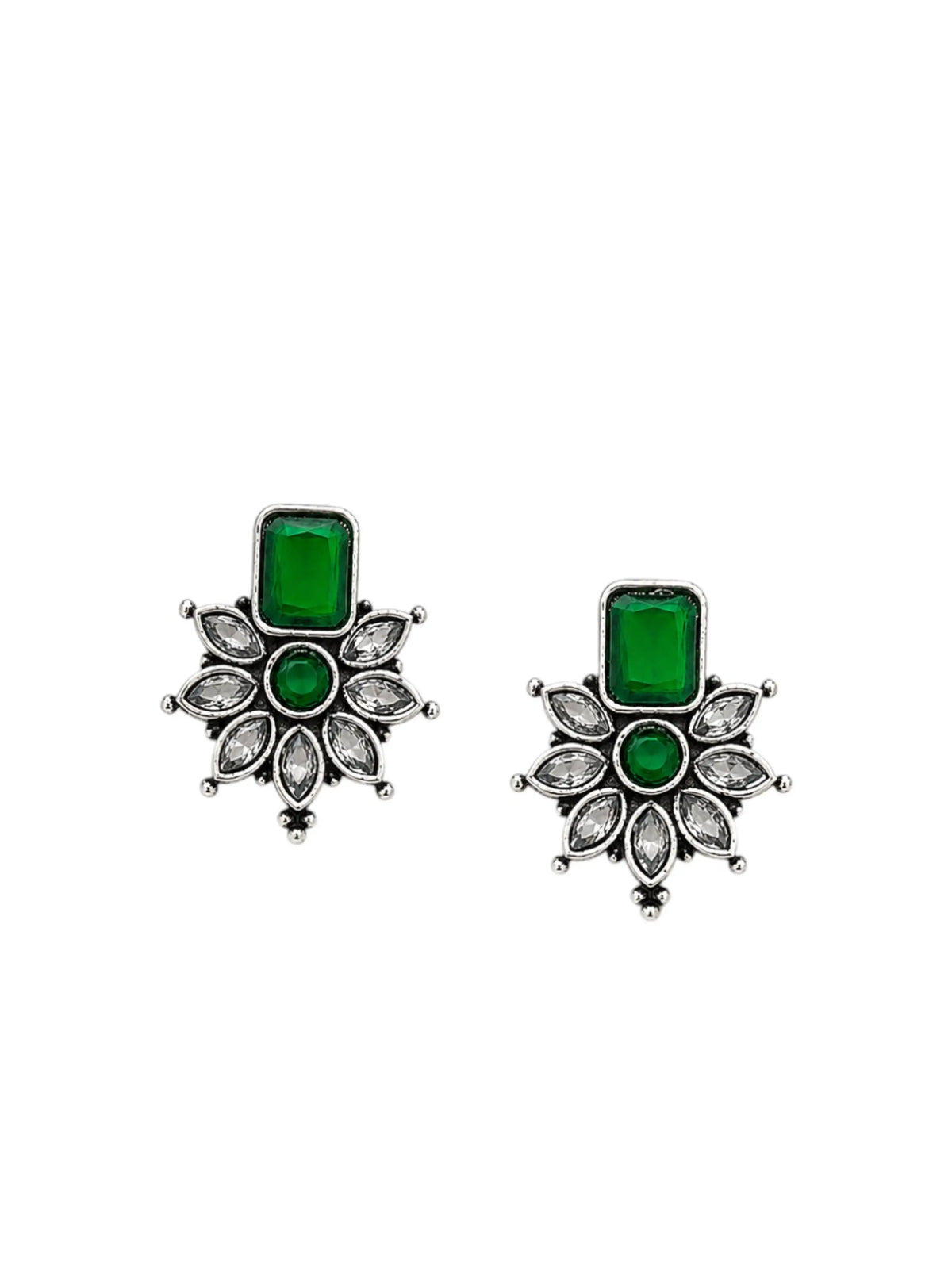 German Silver Green Floral Statement Stud Earrings