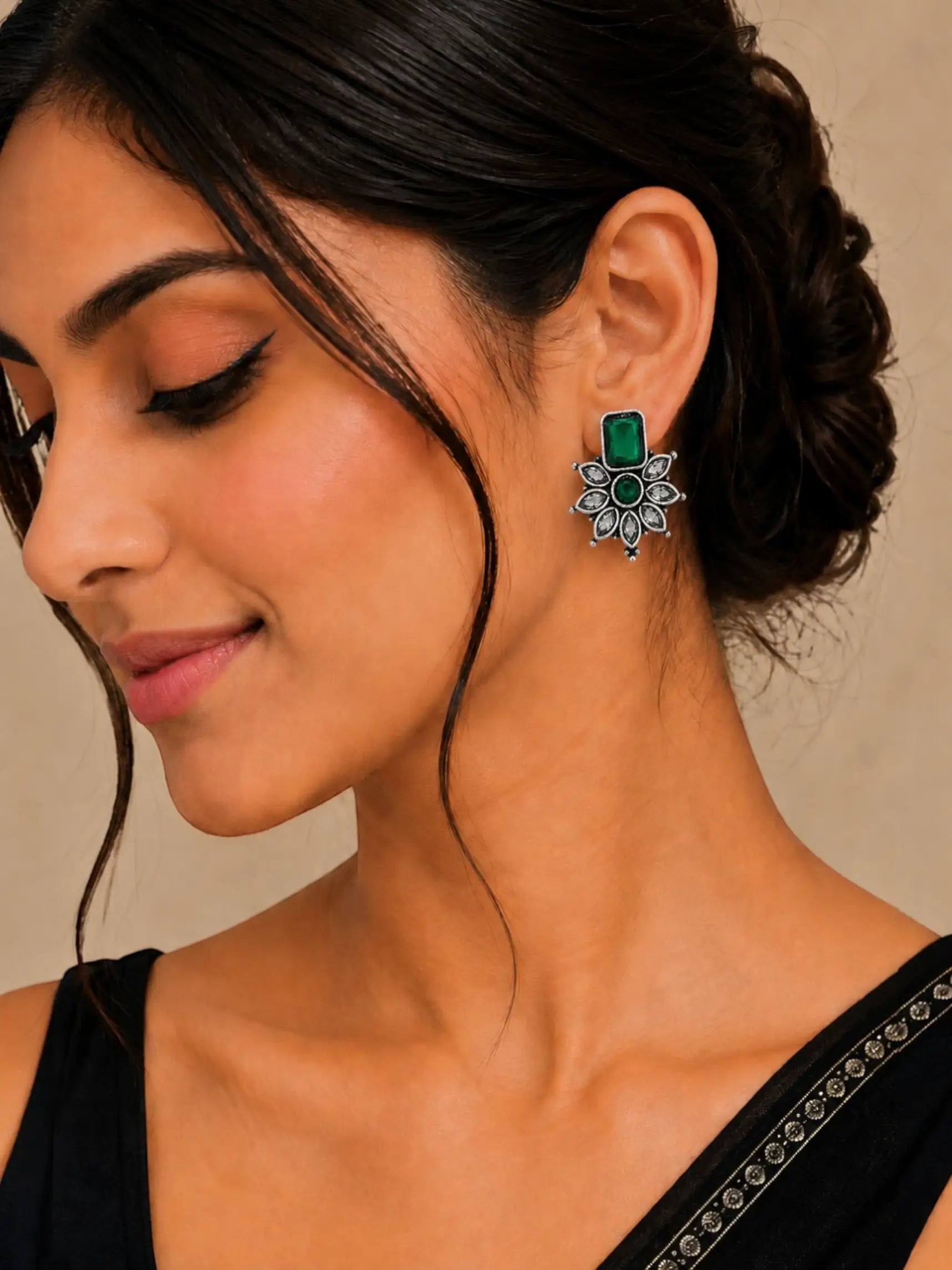 German Silver Green Floral Statement Stud Earrings