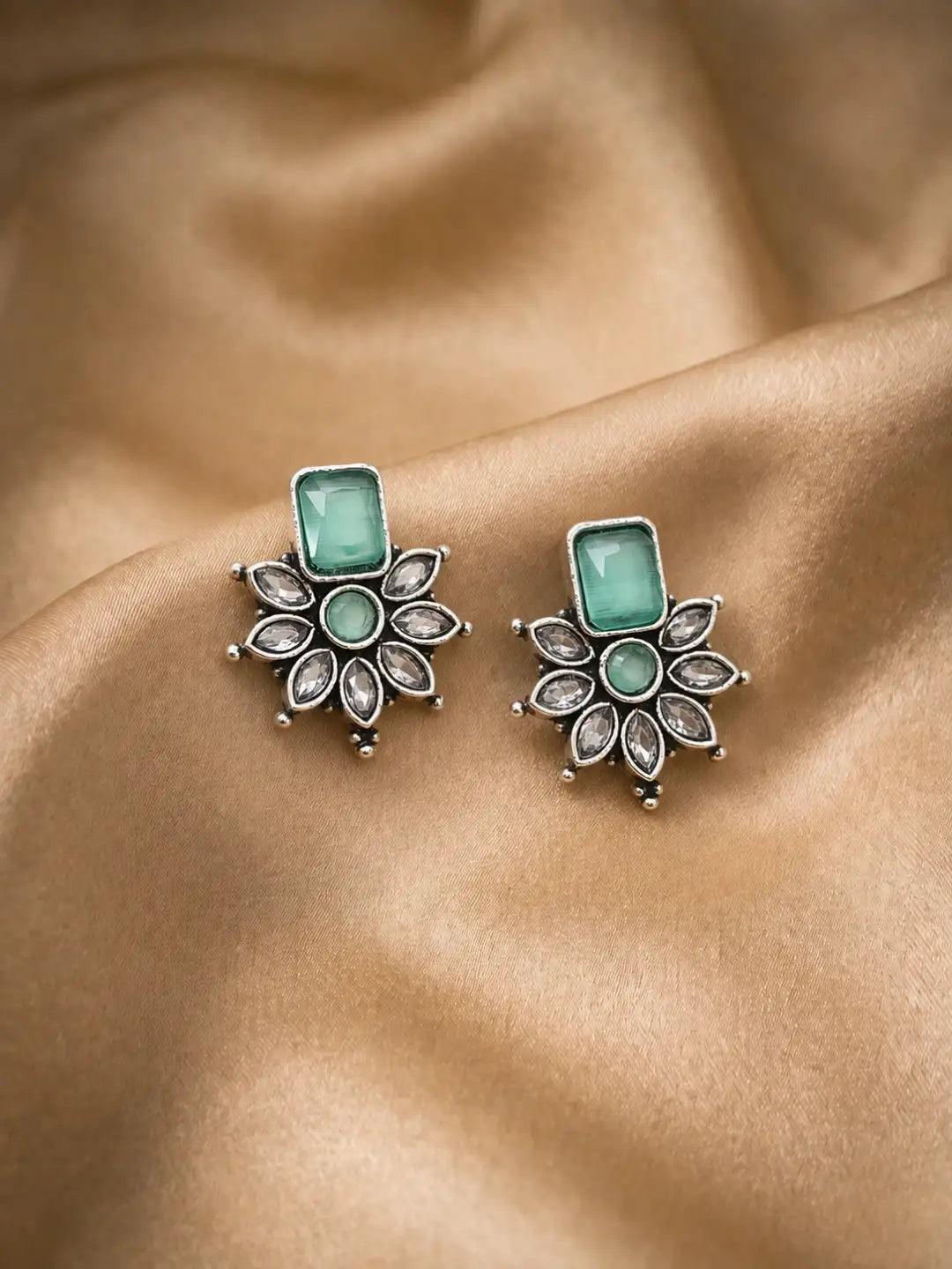 German Silver Mint Green Floral Statement Stud Earrings