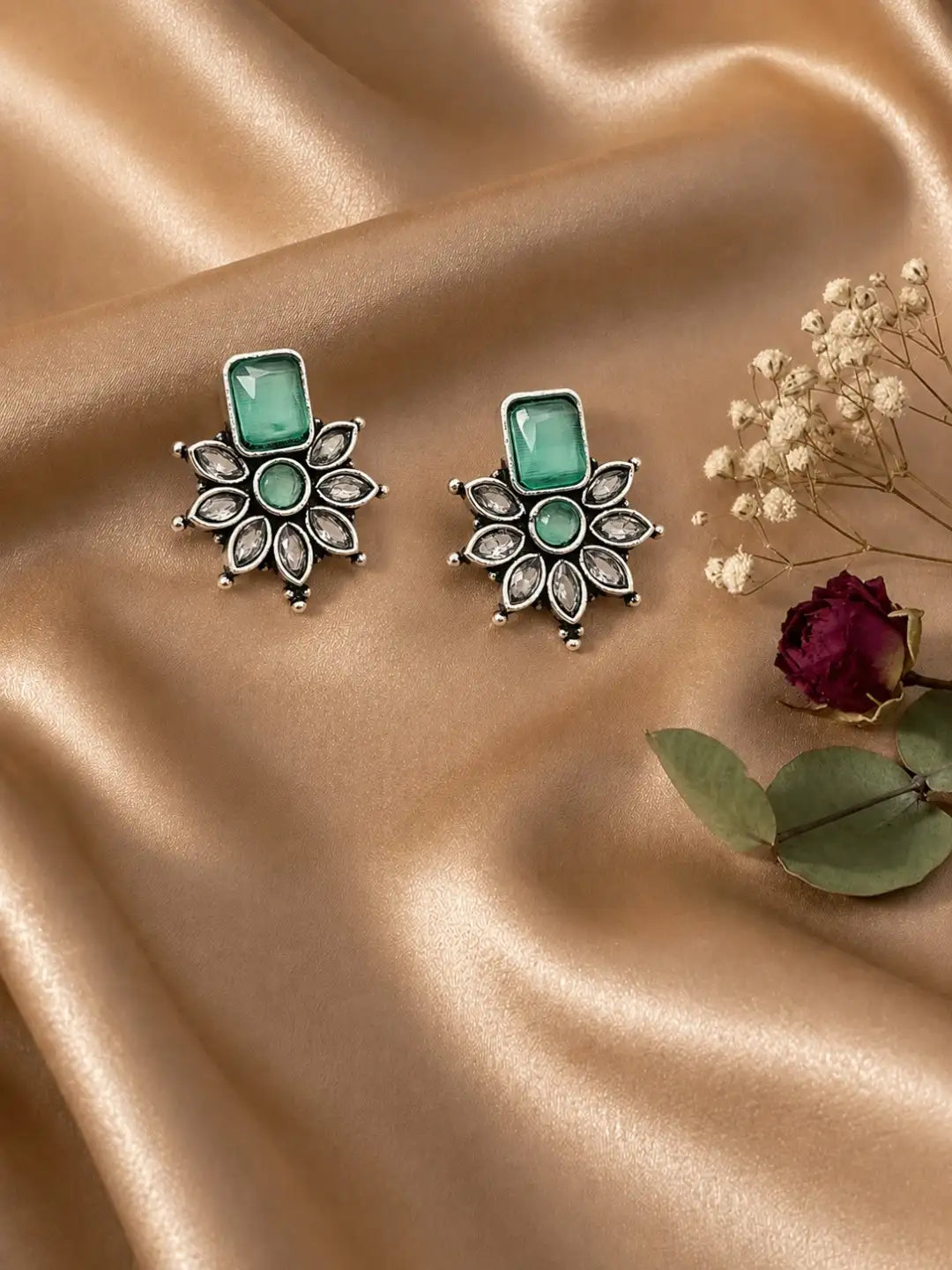 German Silver Mint Green Floral Statement Stud Earrings
