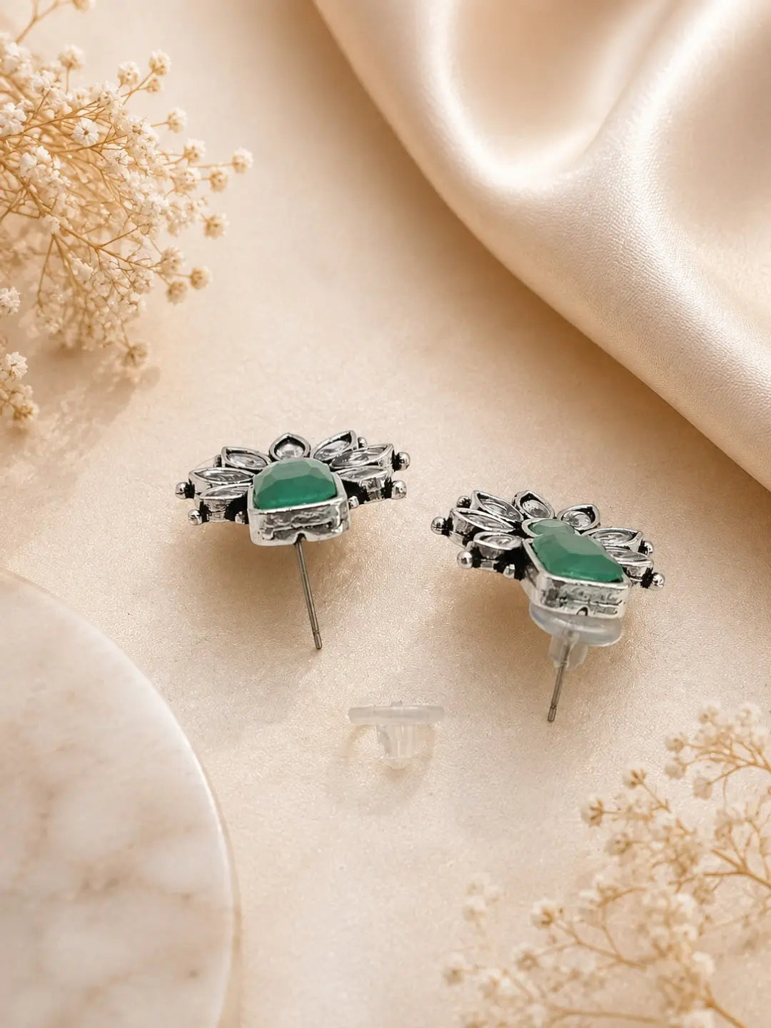 German Silver Mint Green Floral Statement Stud Earrings