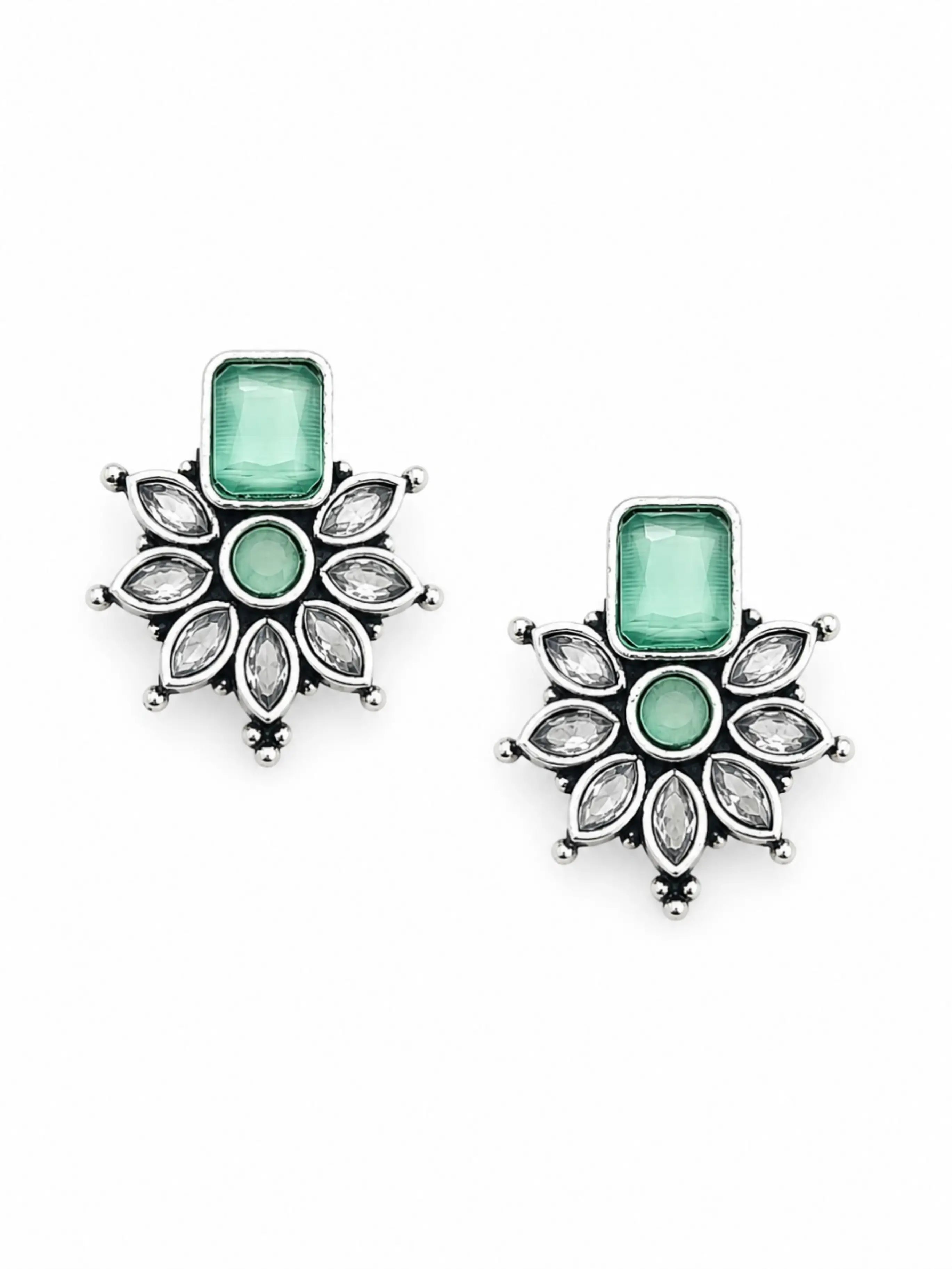German Silver Mint Green Floral Statement Stud Earrings