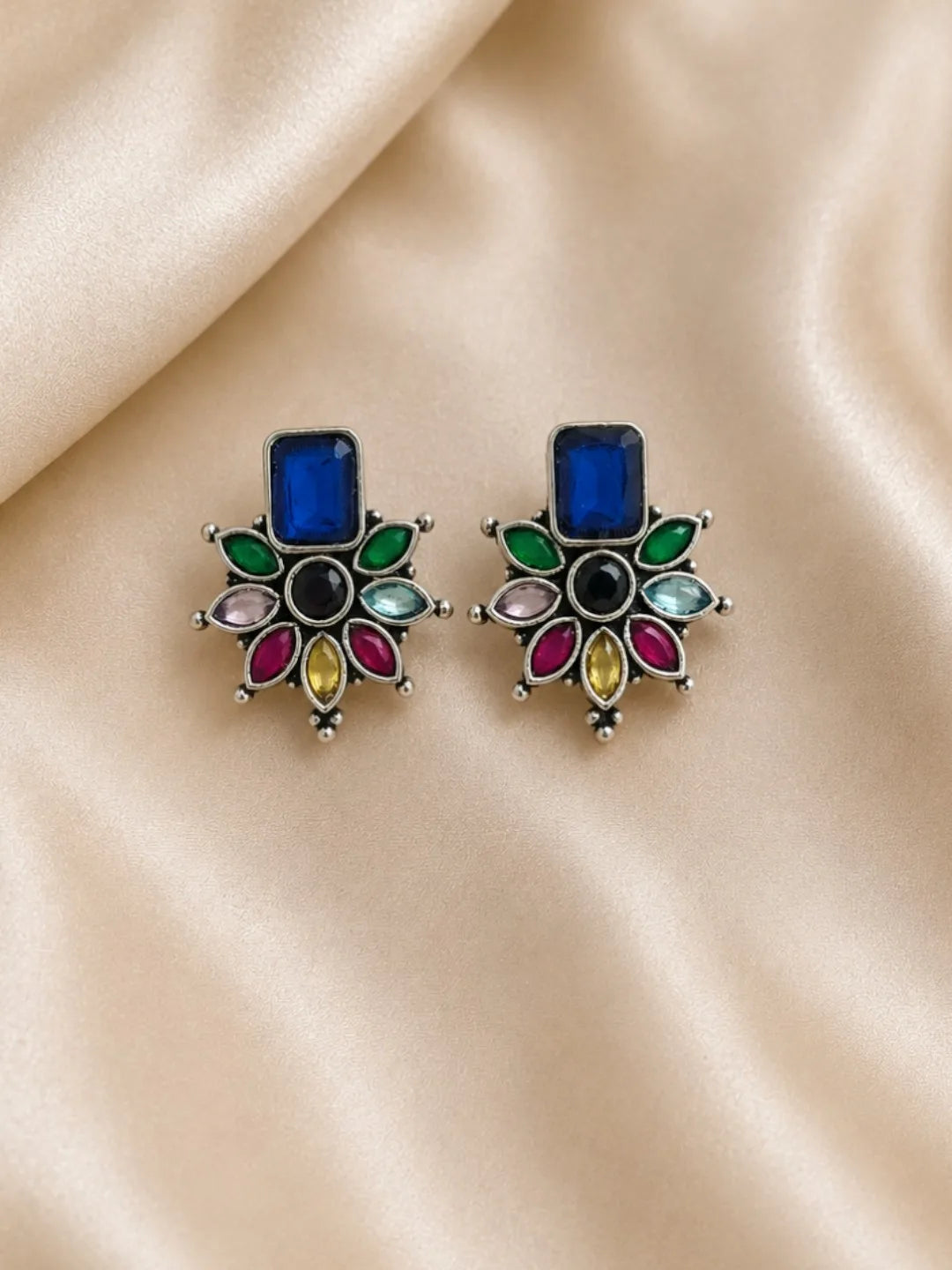 German Silver Multicolor Floral Statement Stud Earrings