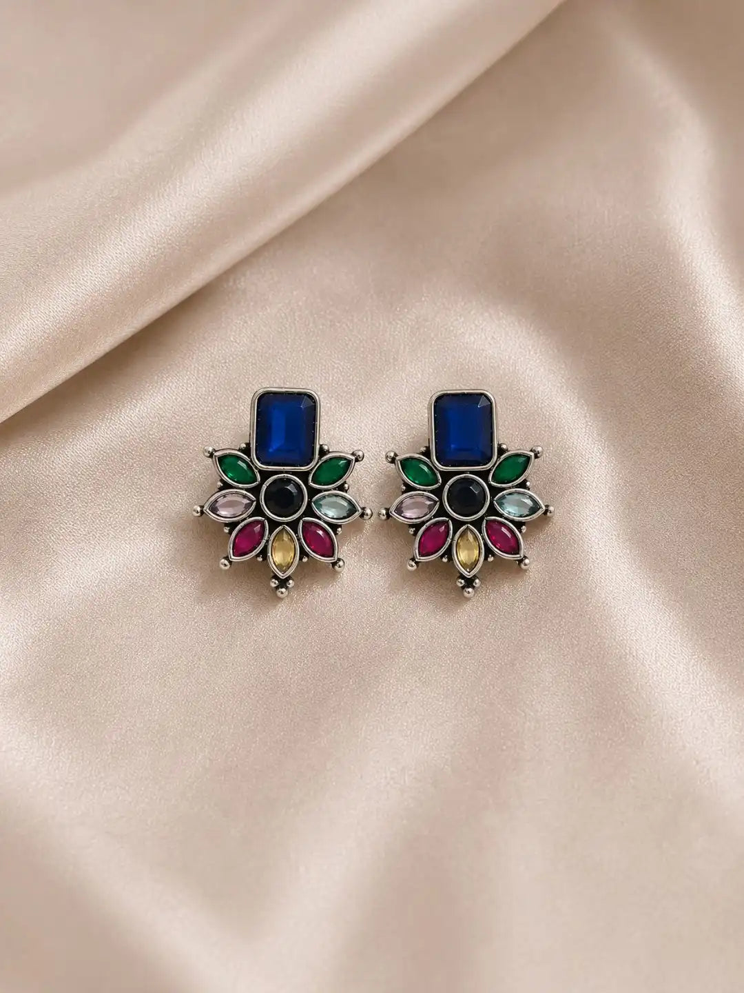 German Silver Multicolor Floral Statement Stud Earrings