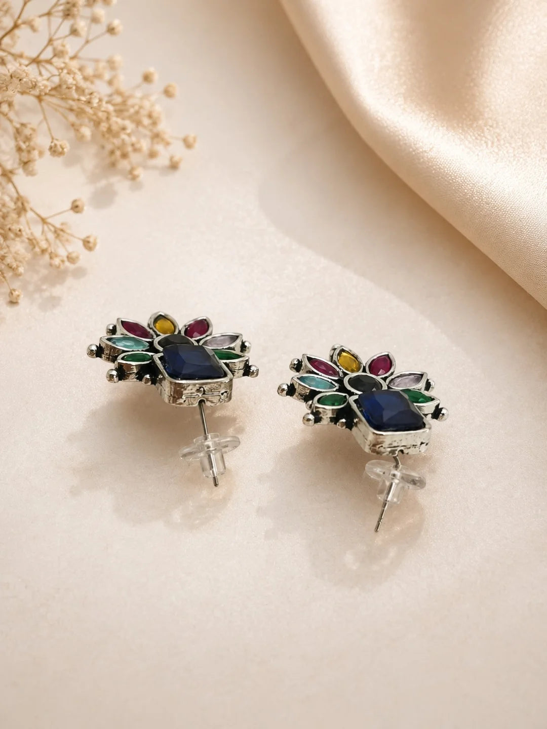 German Silver Multicolor Floral Statement Stud Earrings