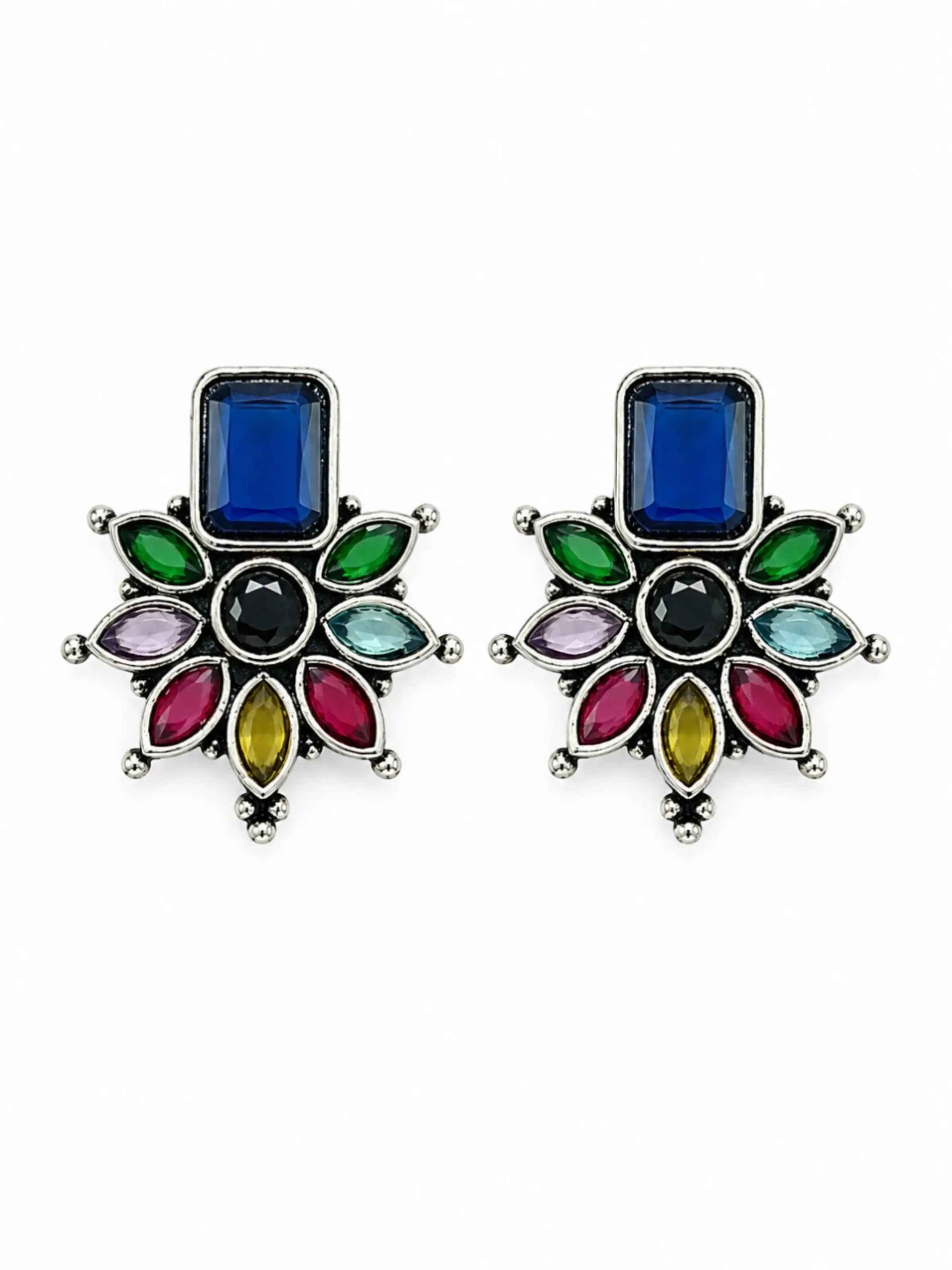 German Silver Multicolor Floral Statement Stud Earrings