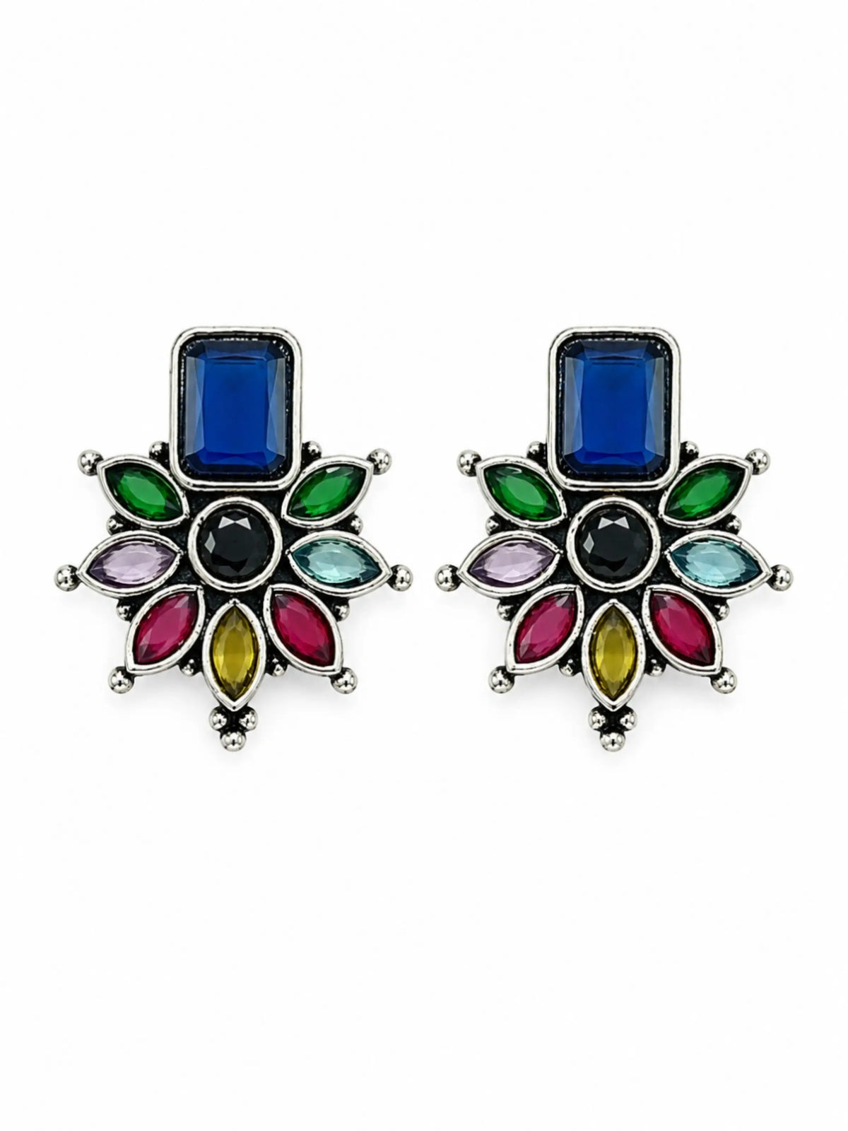 German Silver Multicolor Floral Statement Stud Earrings