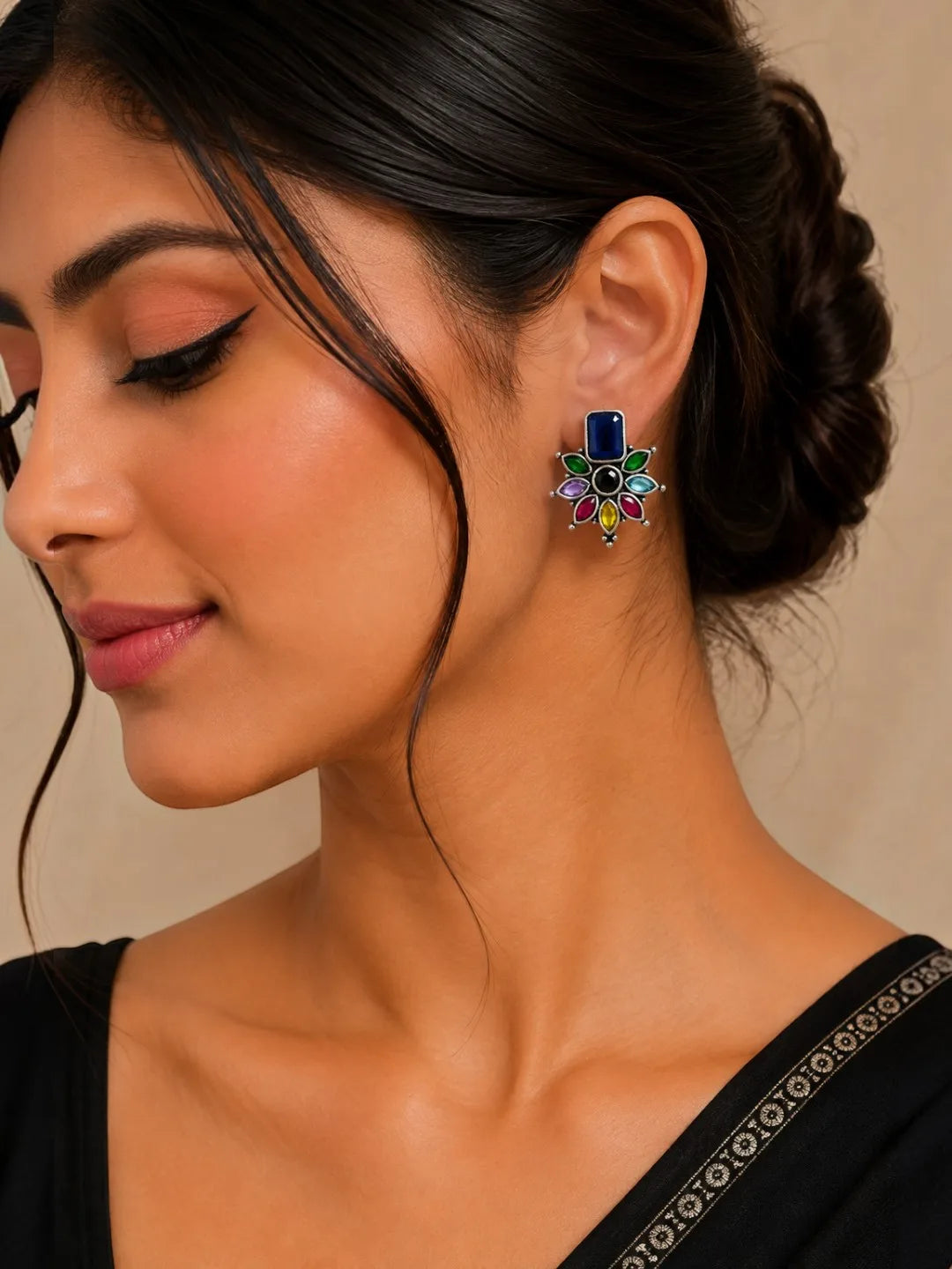 German Silver Multicolor Floral Statement Stud Earrings