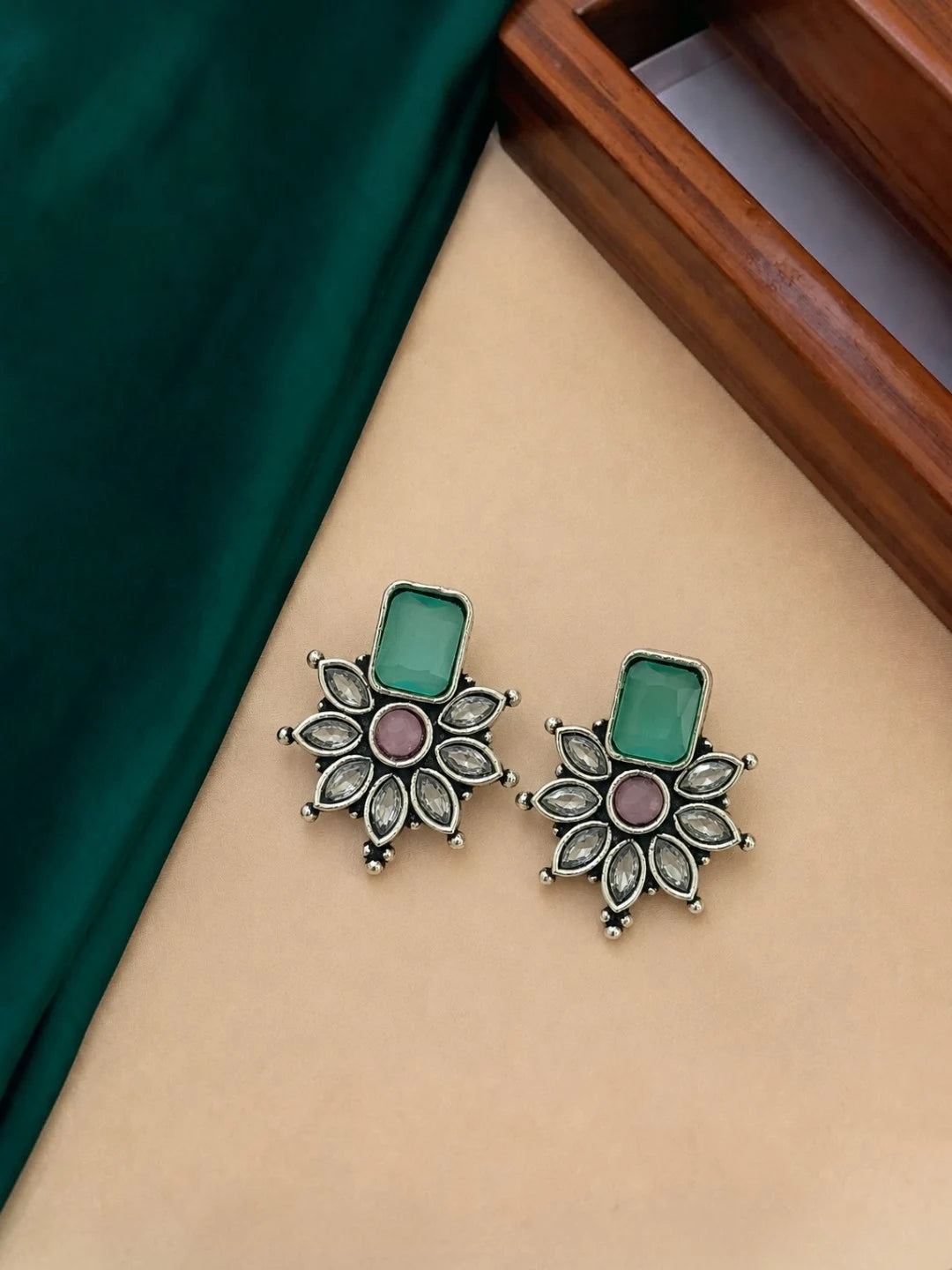 German Silver Pink Green Floral Statement Stud Earrings