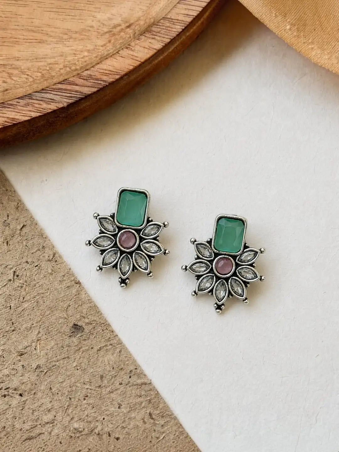 German Silver Pink Green Floral Statement Stud Earrings