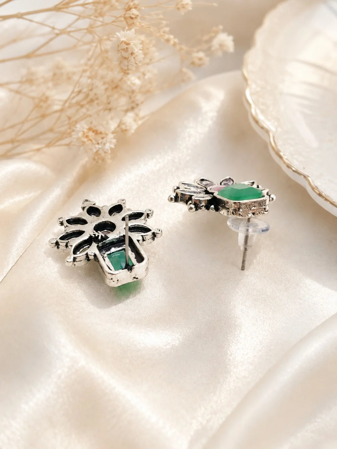 German Silver Pink Green Floral Statement Stud Earrings