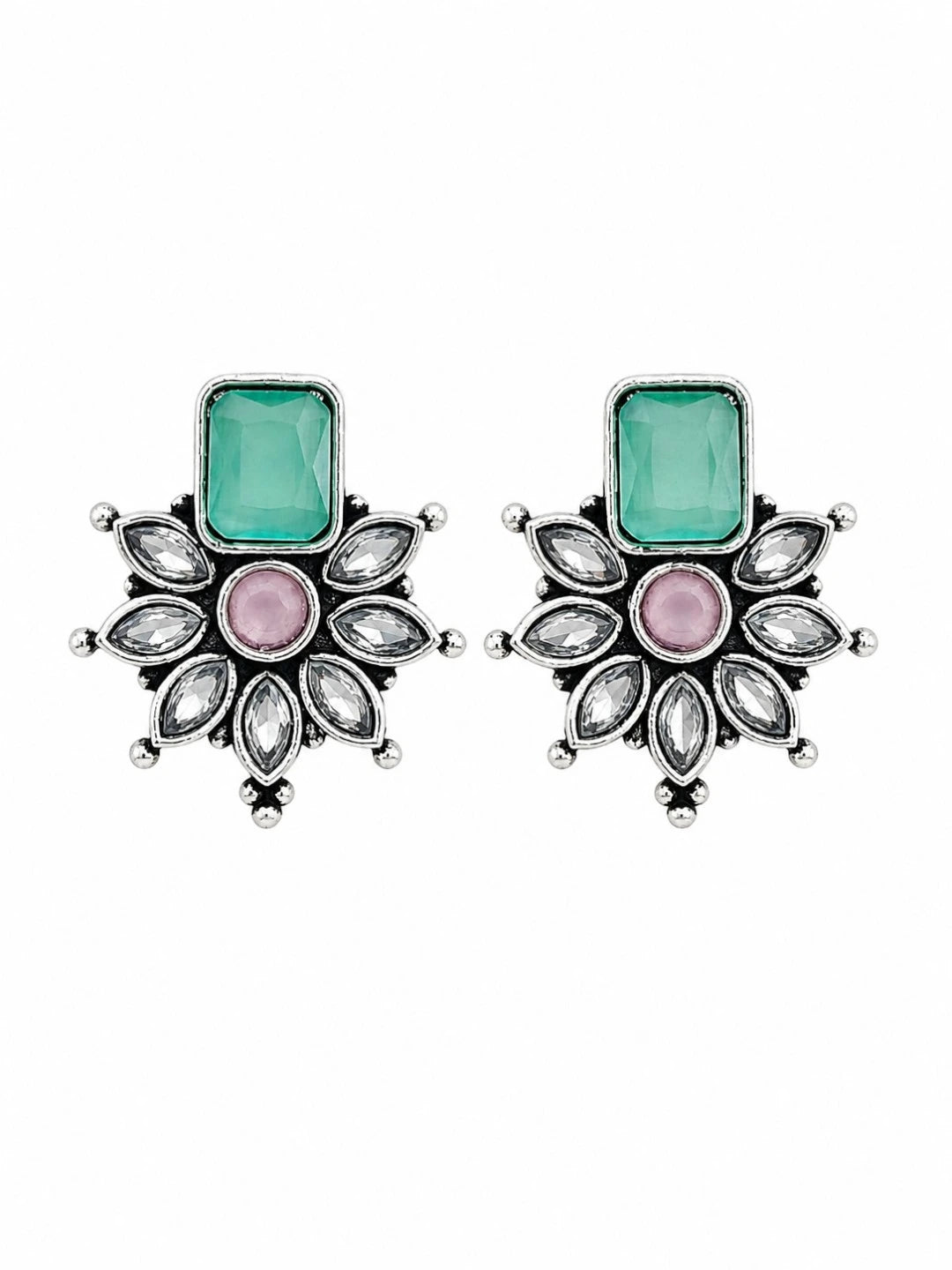 German Silver Pink Green Floral Statement Stud Earrings