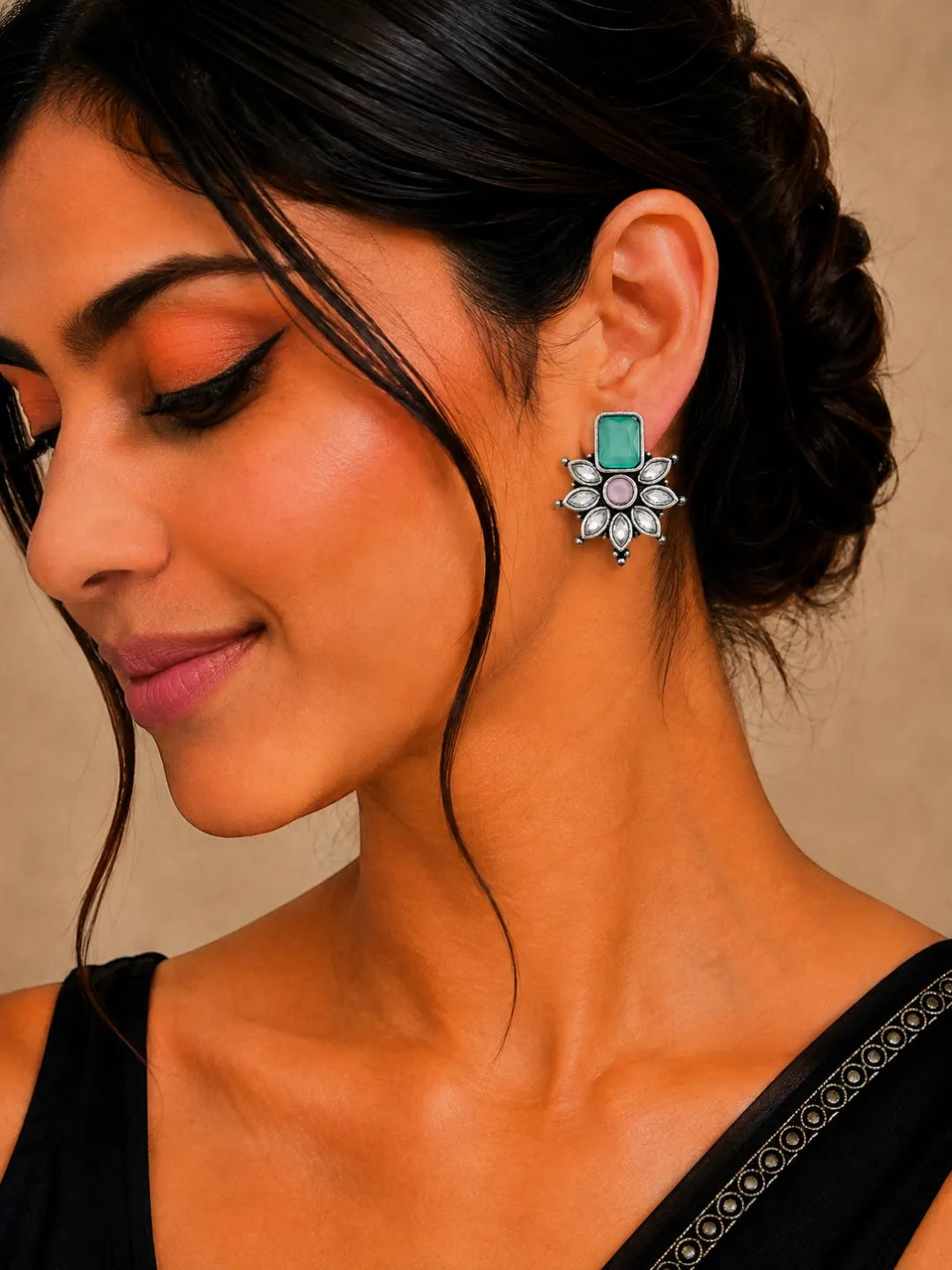 German Silver Pink Green Floral Statement Stud Earrings