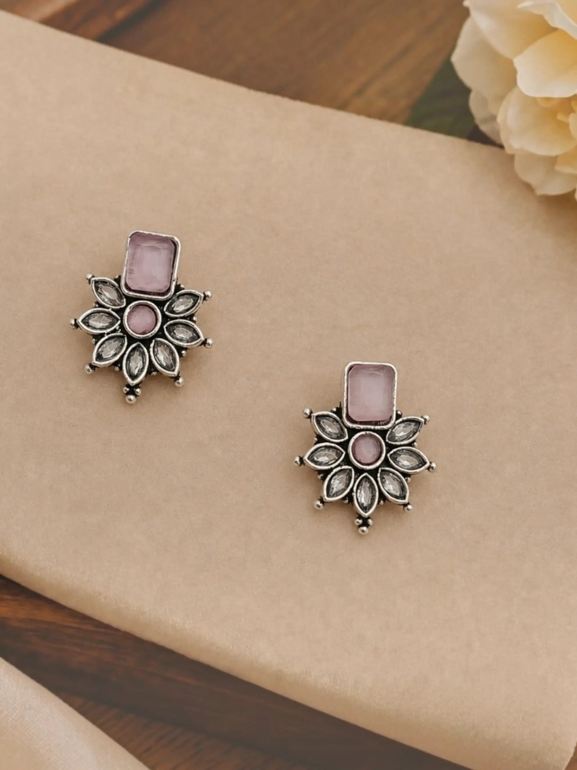 German Silver Pink Floral Statement Stud Earrings