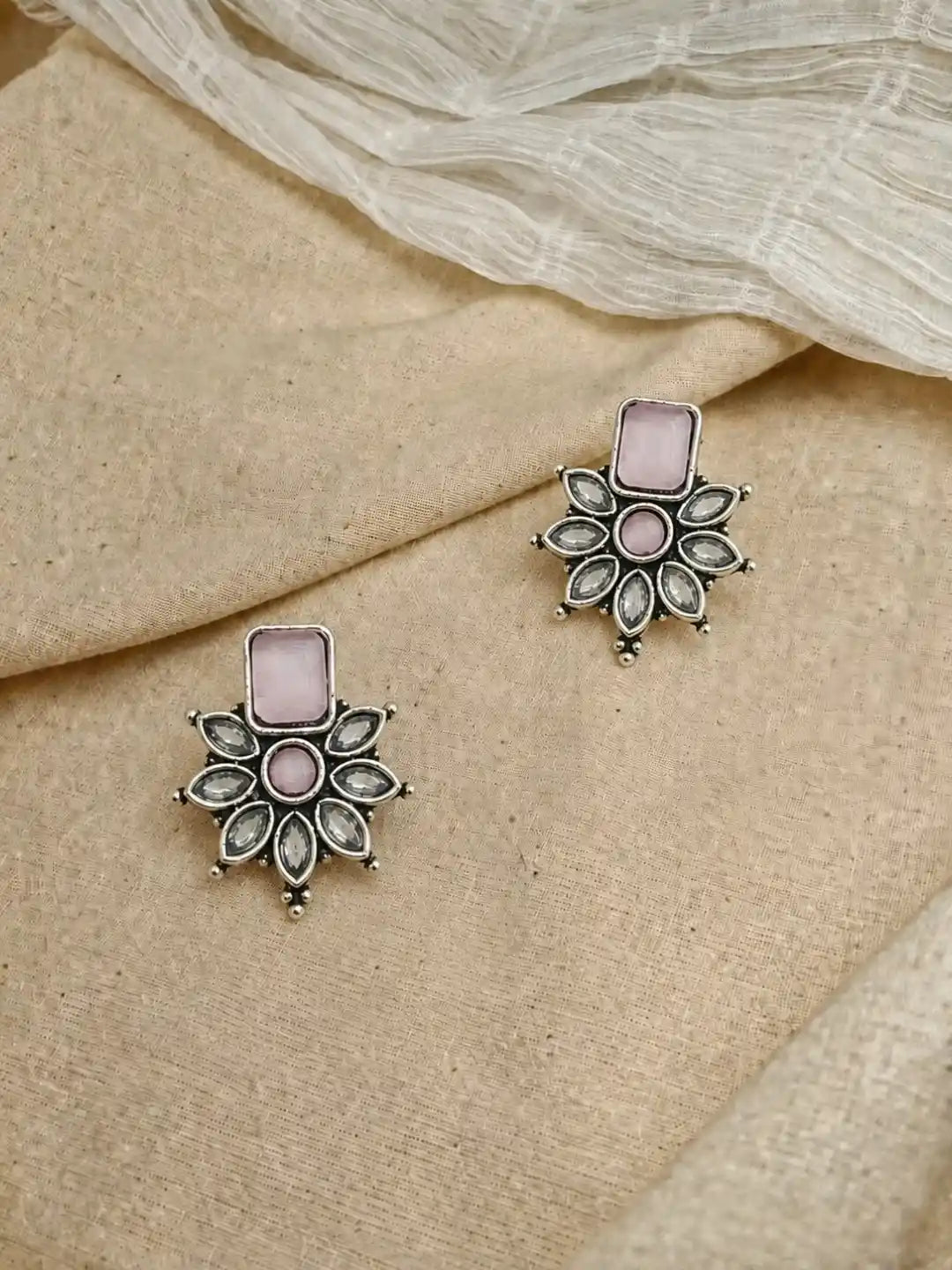 German Silver Pink Floral Statement Stud Earrings