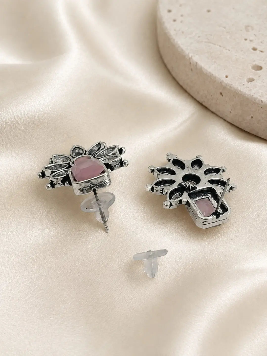 German Silver Pink Floral Statement Stud Earrings