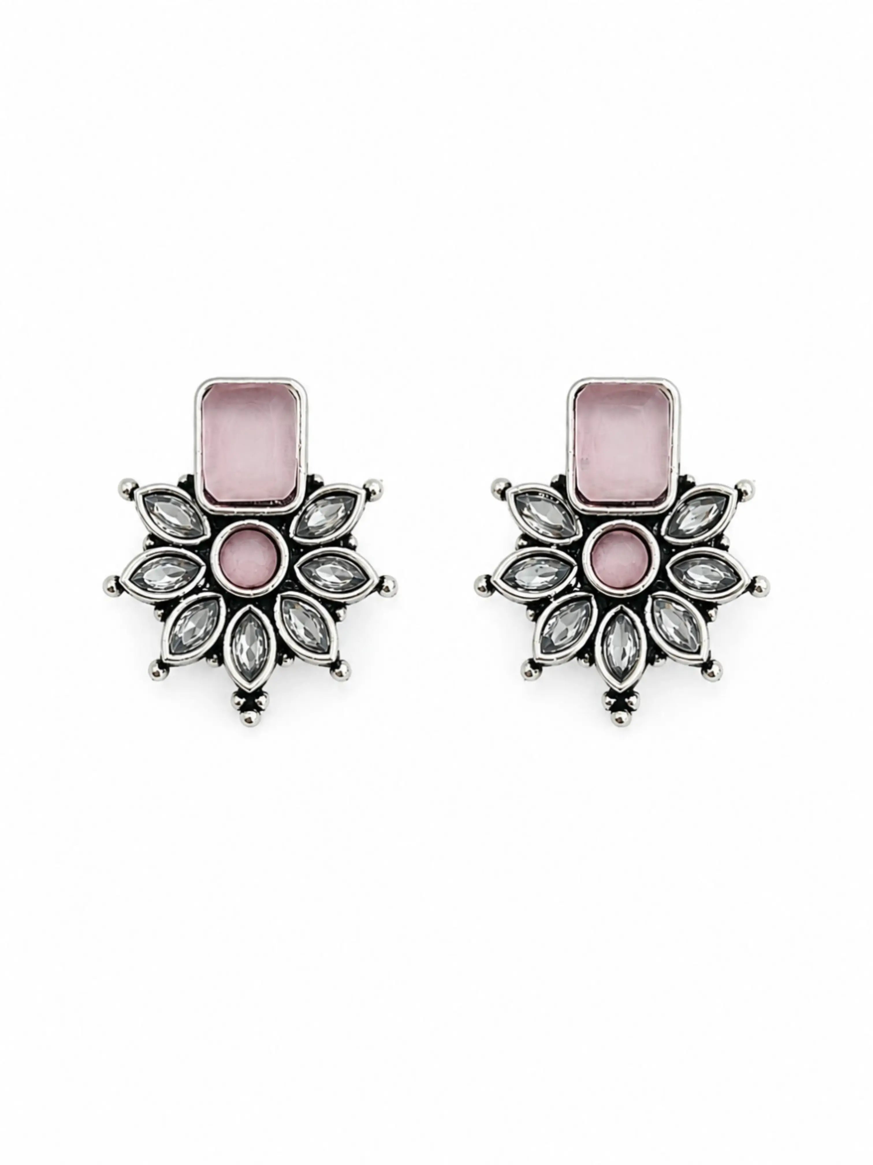German Silver Pink Floral Statement Stud Earrings