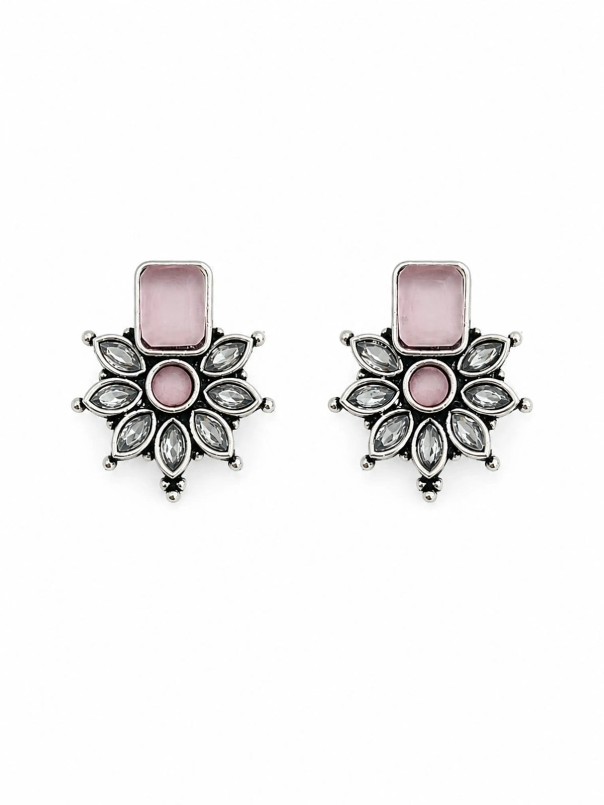 German Silver Pink Floral Statement Stud Earrings