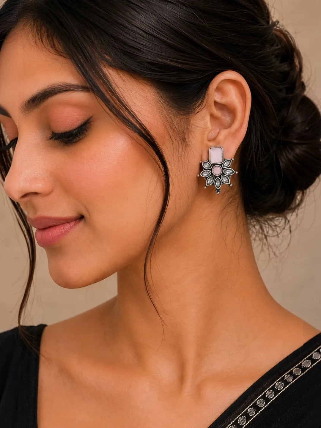 German Silver Pink Floral Statement Stud Earrings