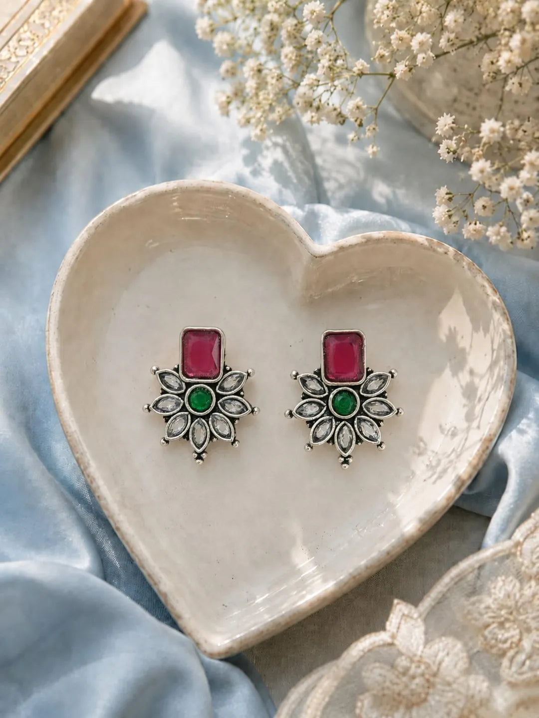 German Silver Red Green Floral Statement Stud Earrings