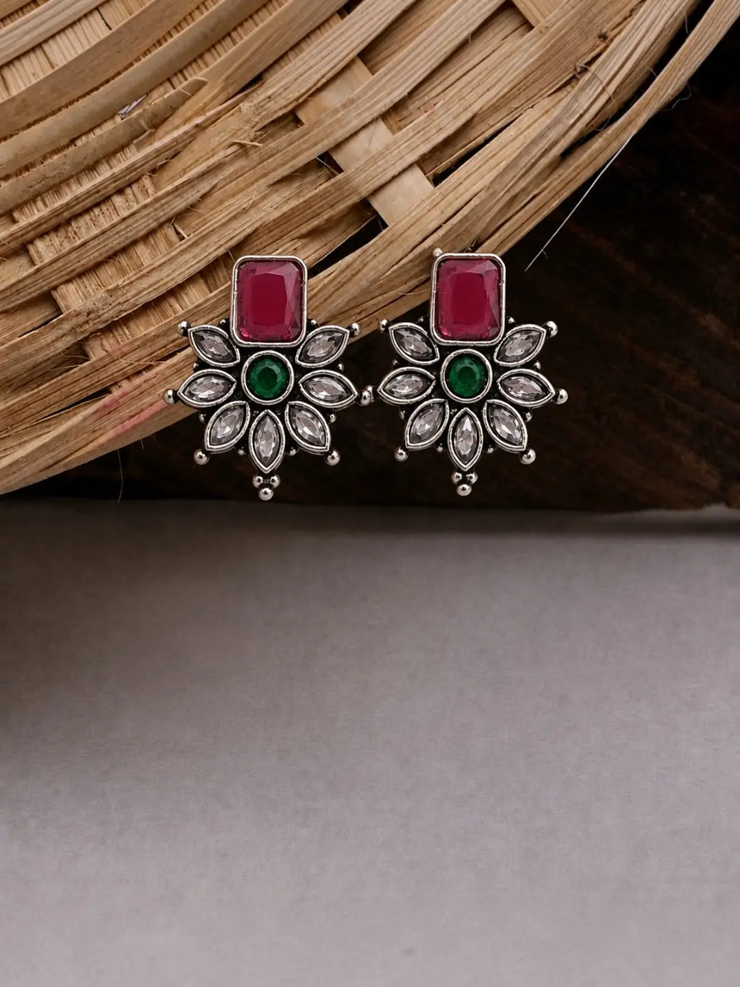 German Silver Red Green Floral Statement Stud Earrings