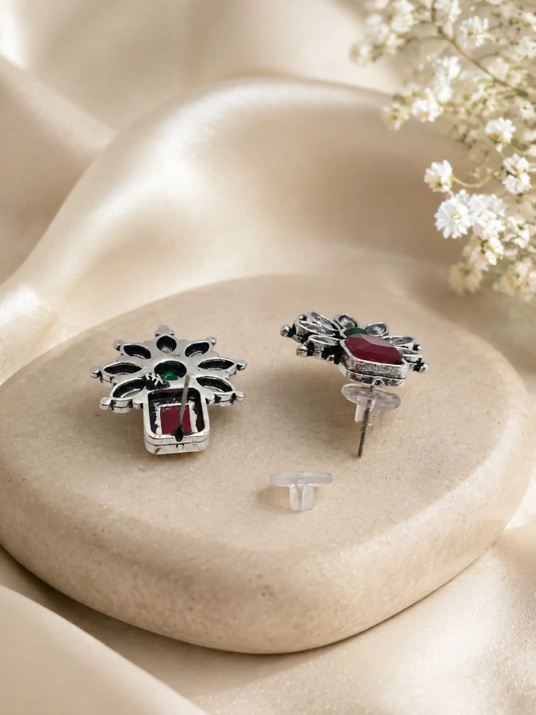 German Silver Red Green Floral Statement Stud Earrings