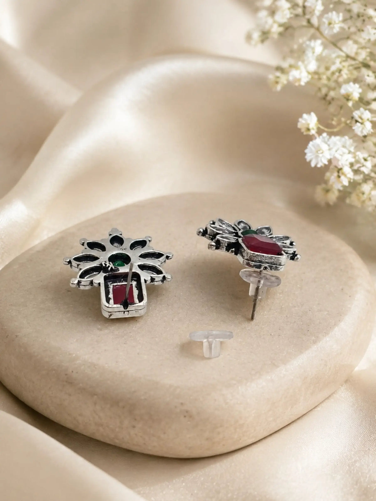 German Silver Red Green Floral Statement Stud Earrings