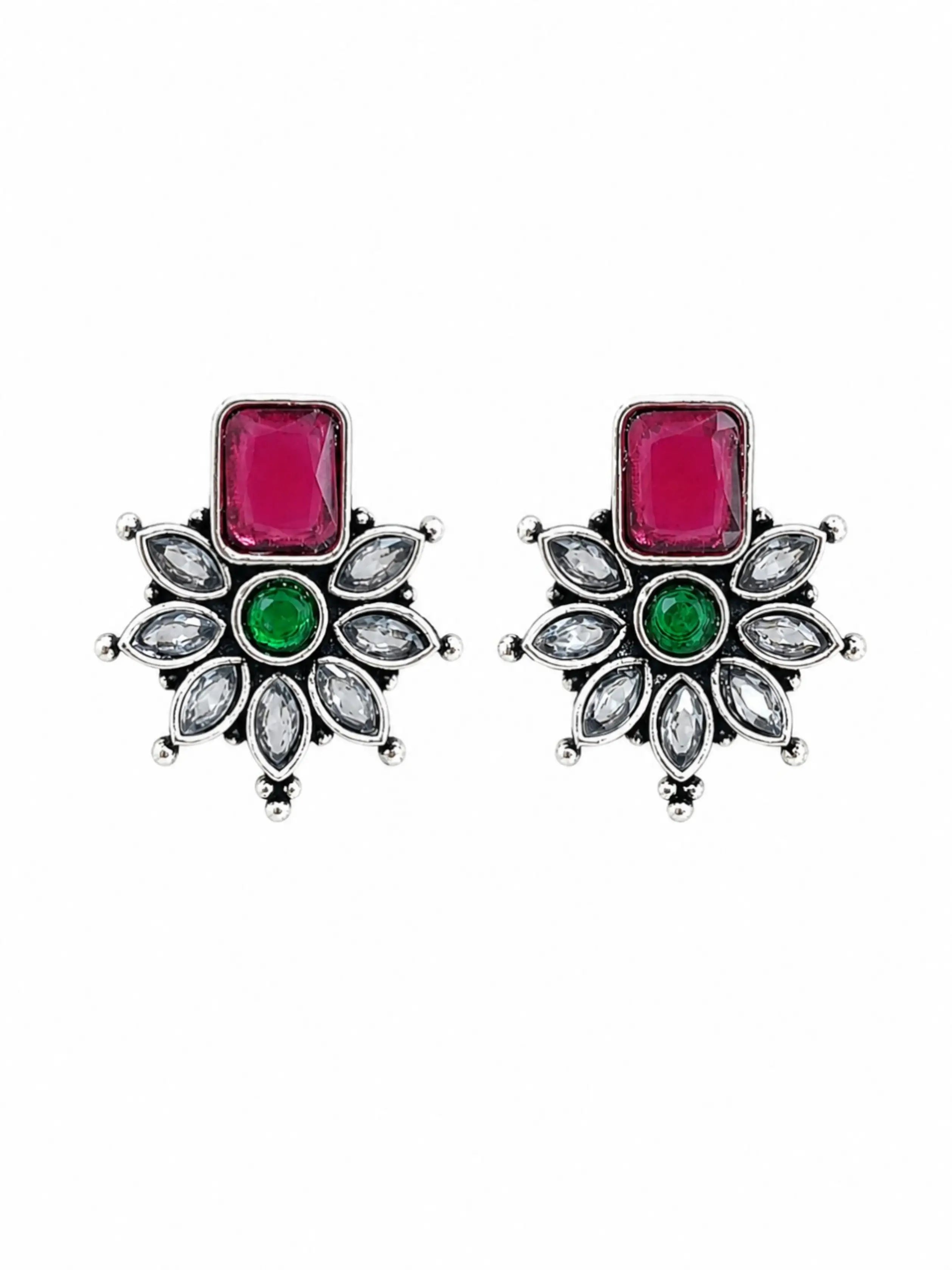 German Silver Red Green Floral Statement Stud Earrings