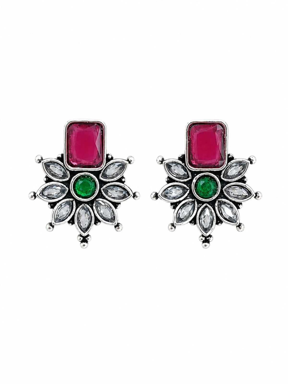 German Silver Red Green Floral Statement Stud Earrings