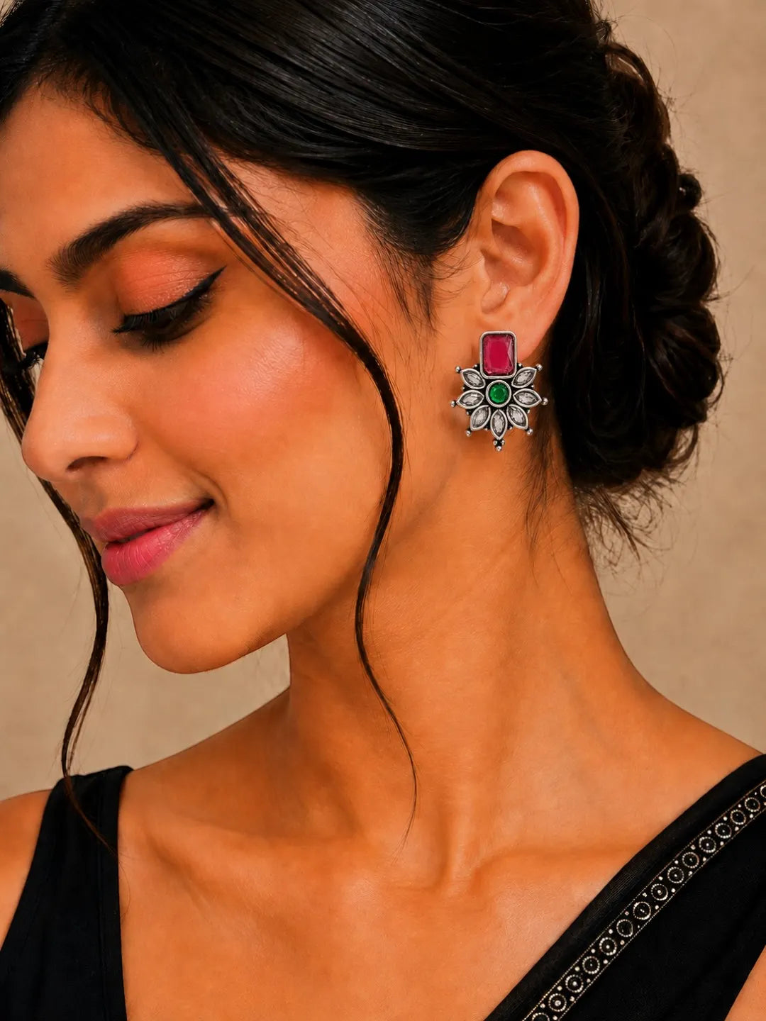 German Silver Red Green Floral Statement Stud Earrings
