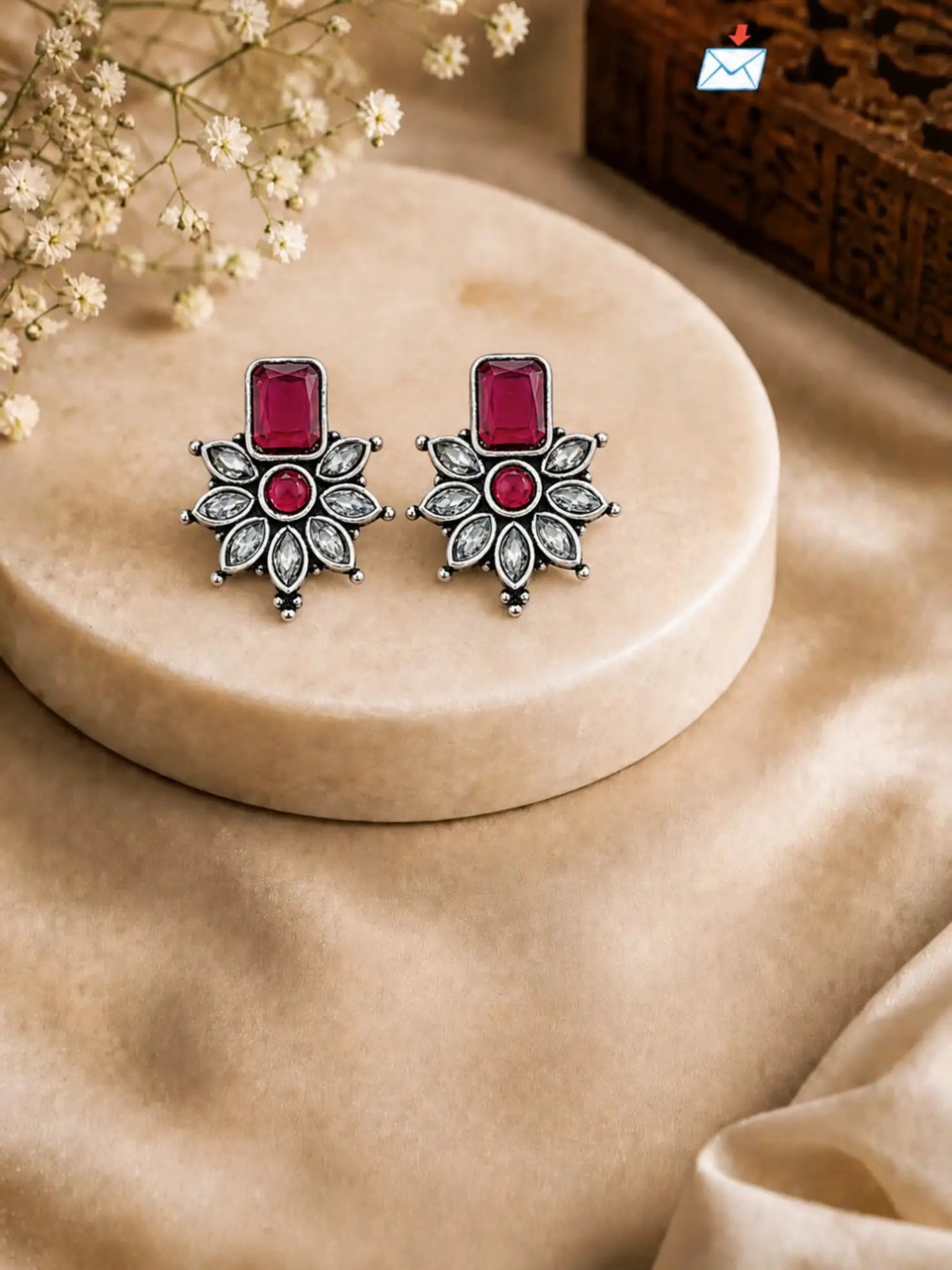German Silver Ruby Red Floral Statement Stud Earrings