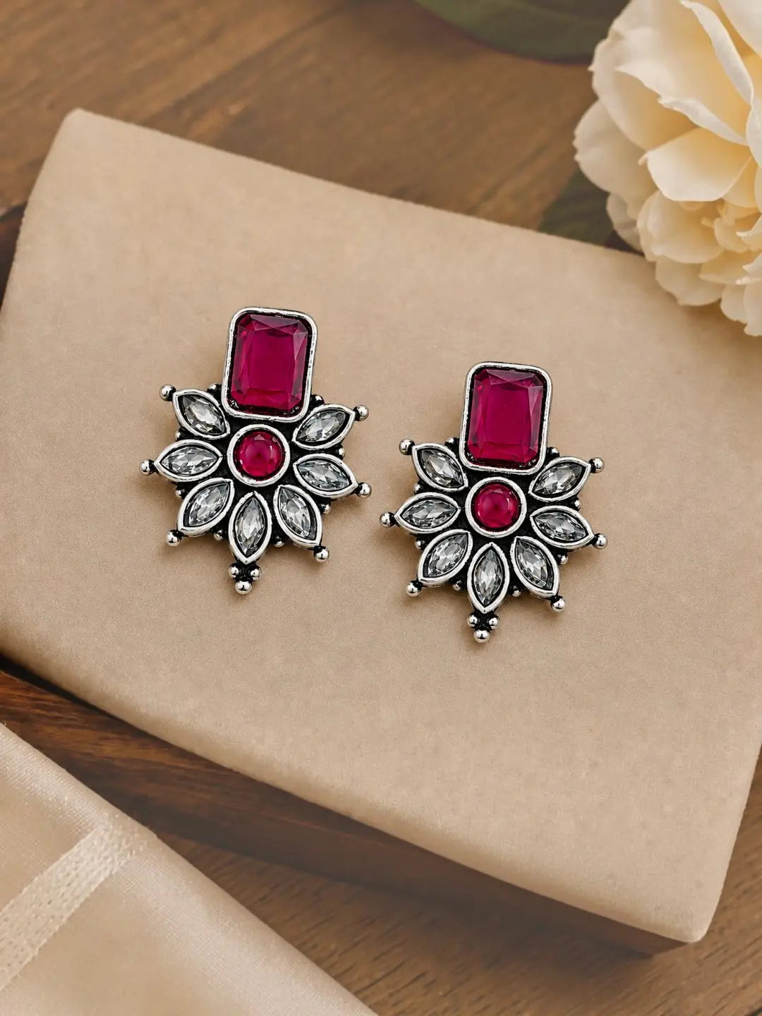German Silver Ruby Red Floral Statement Stud Earrings