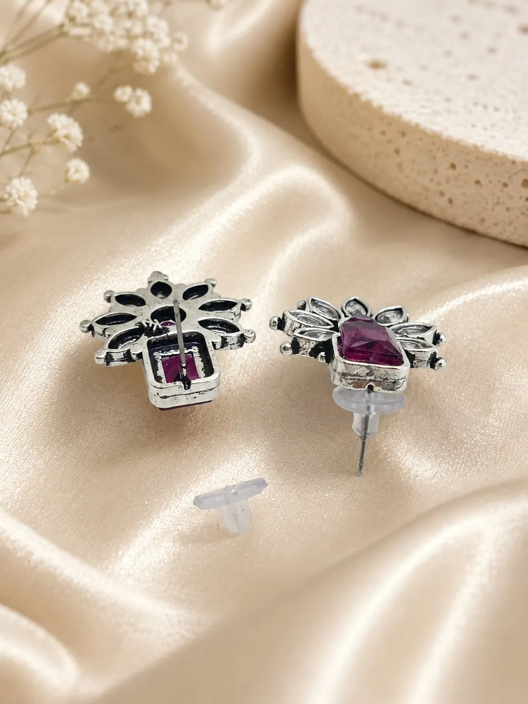 German Silver Ruby Red Floral Statement Stud Earrings