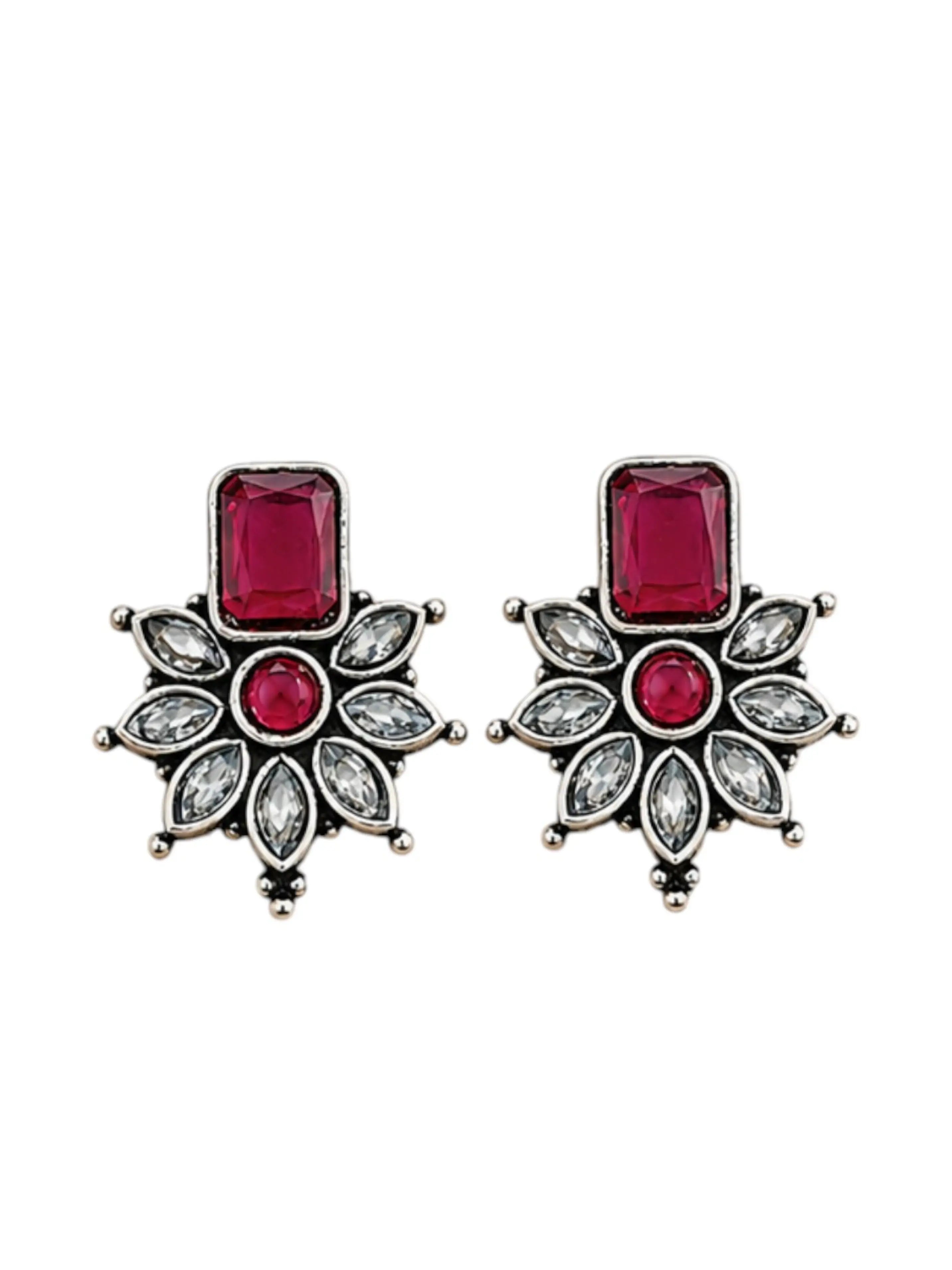 German Silver Ruby Red Floral Statement Stud Earrings