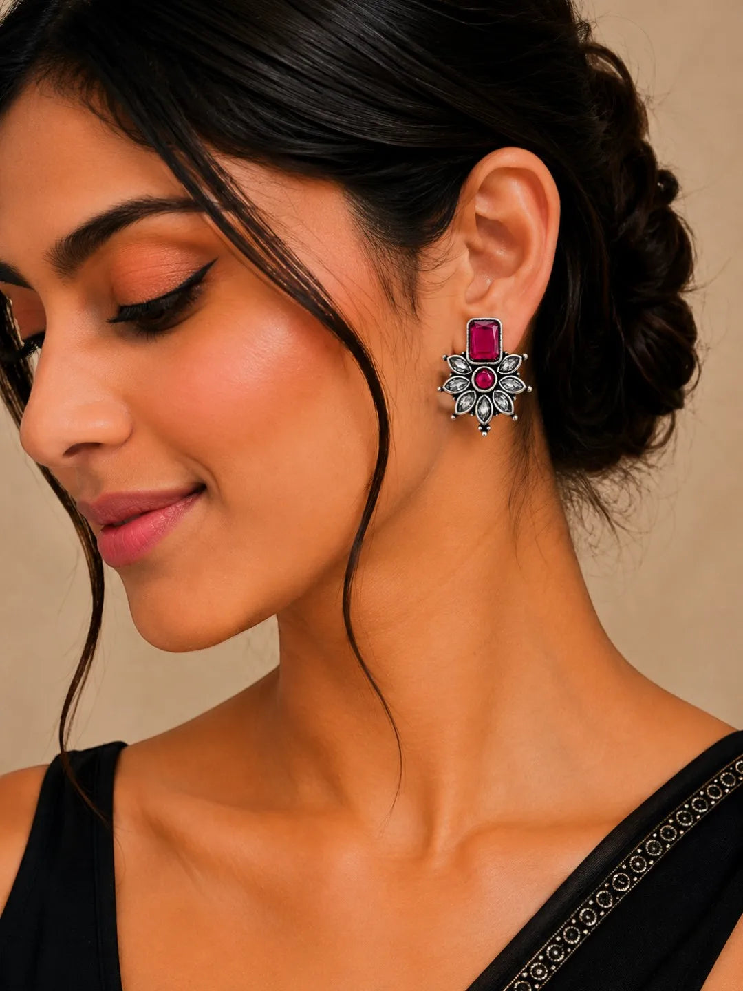 German Silver Ruby Red Floral Statement Stud Earrings