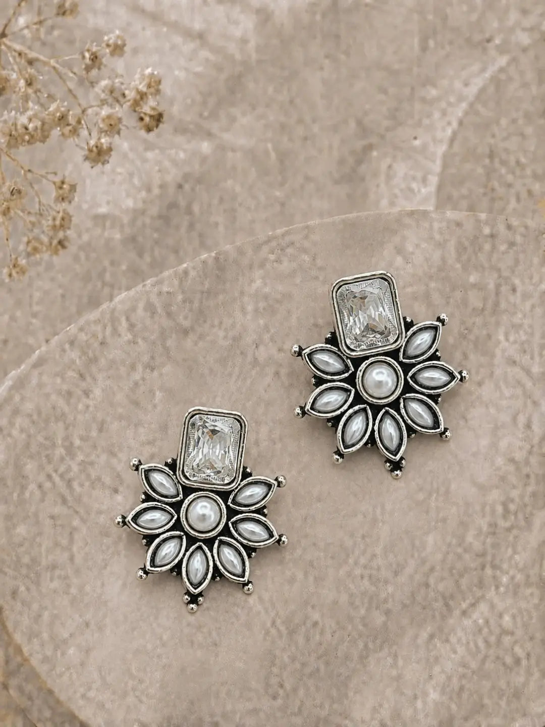 German Silver White Floral Statement Stud Earrings