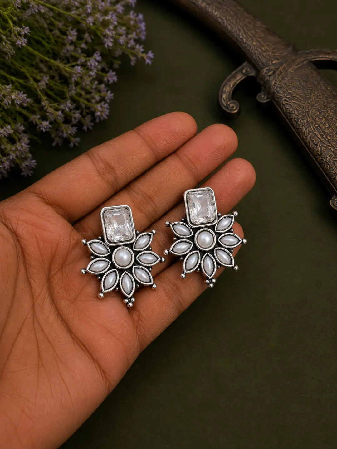 German Silver White Floral Statement Stud Earrings