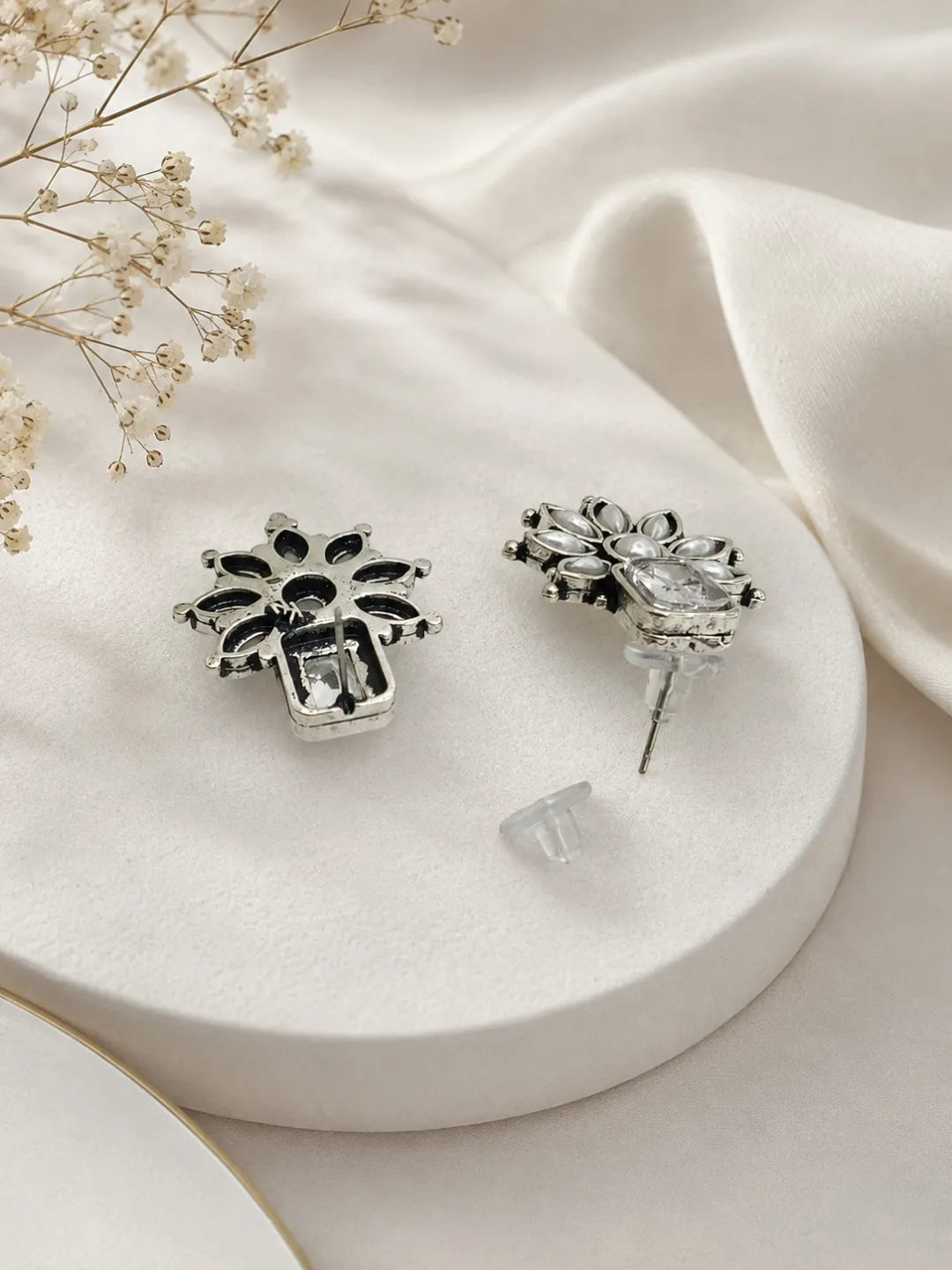 German Silver White Floral Statement Stud Earrings