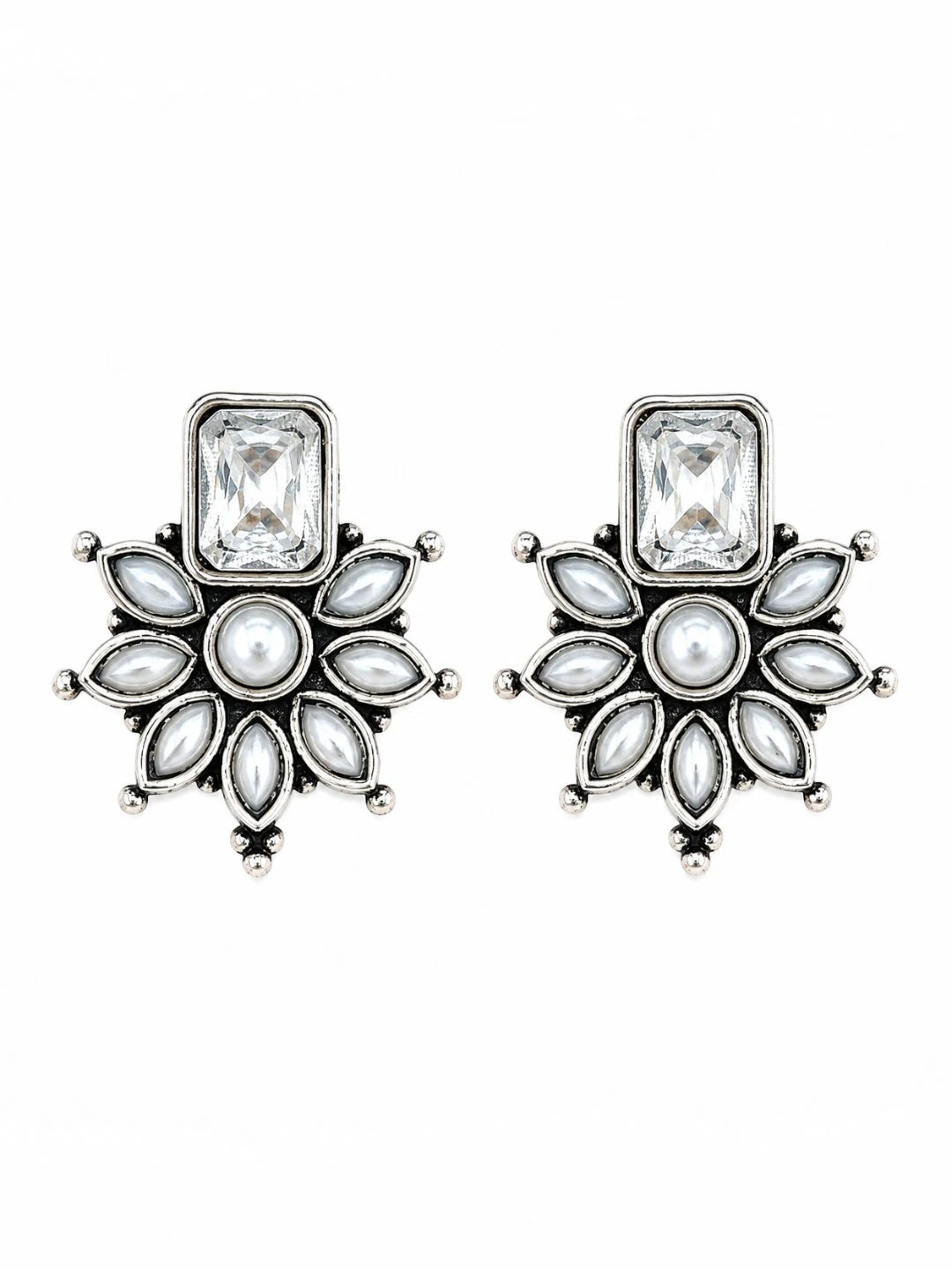 German Silver White Floral Statement Stud Earrings