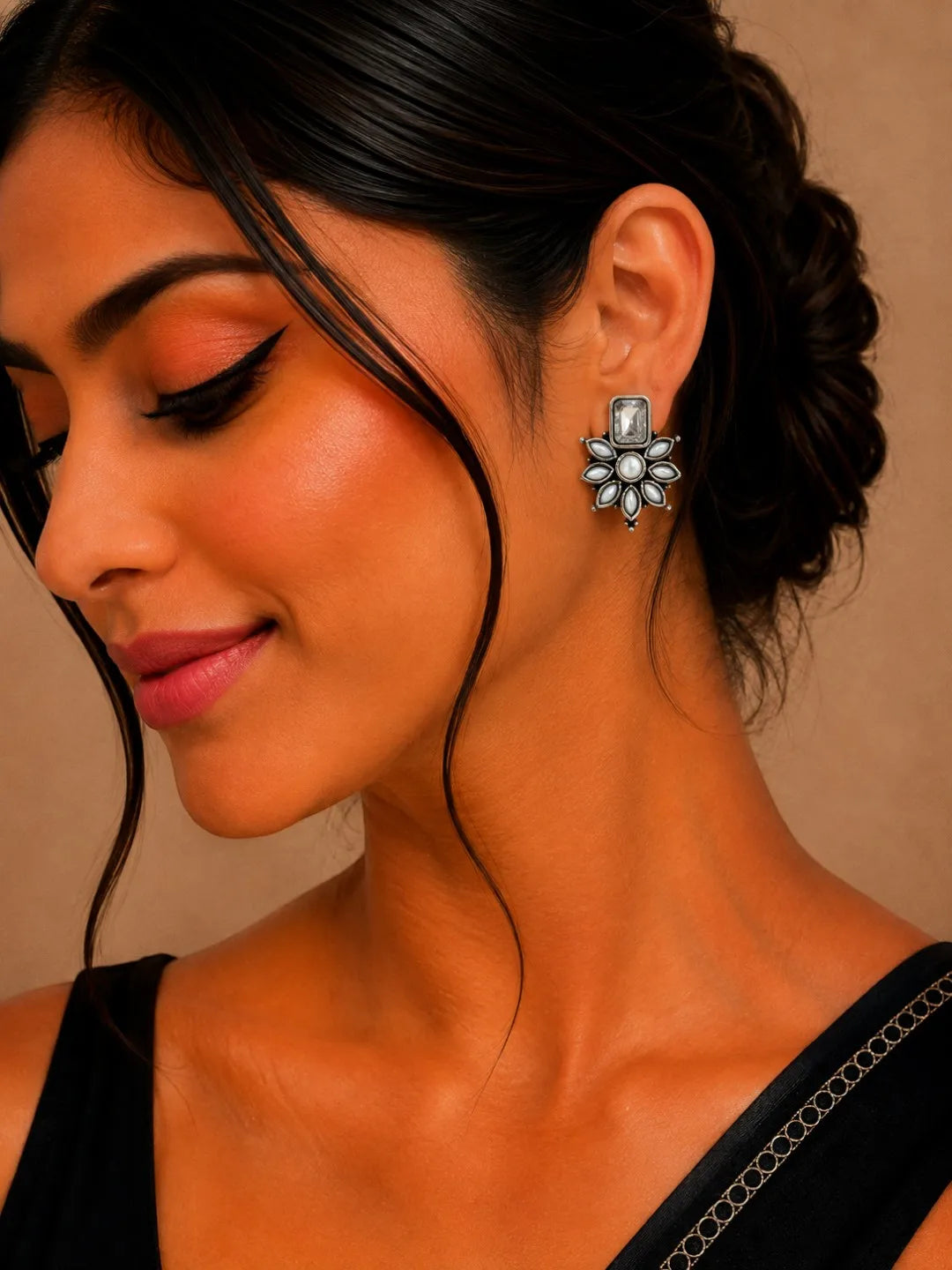 German Silver White Floral Statement Stud Earrings