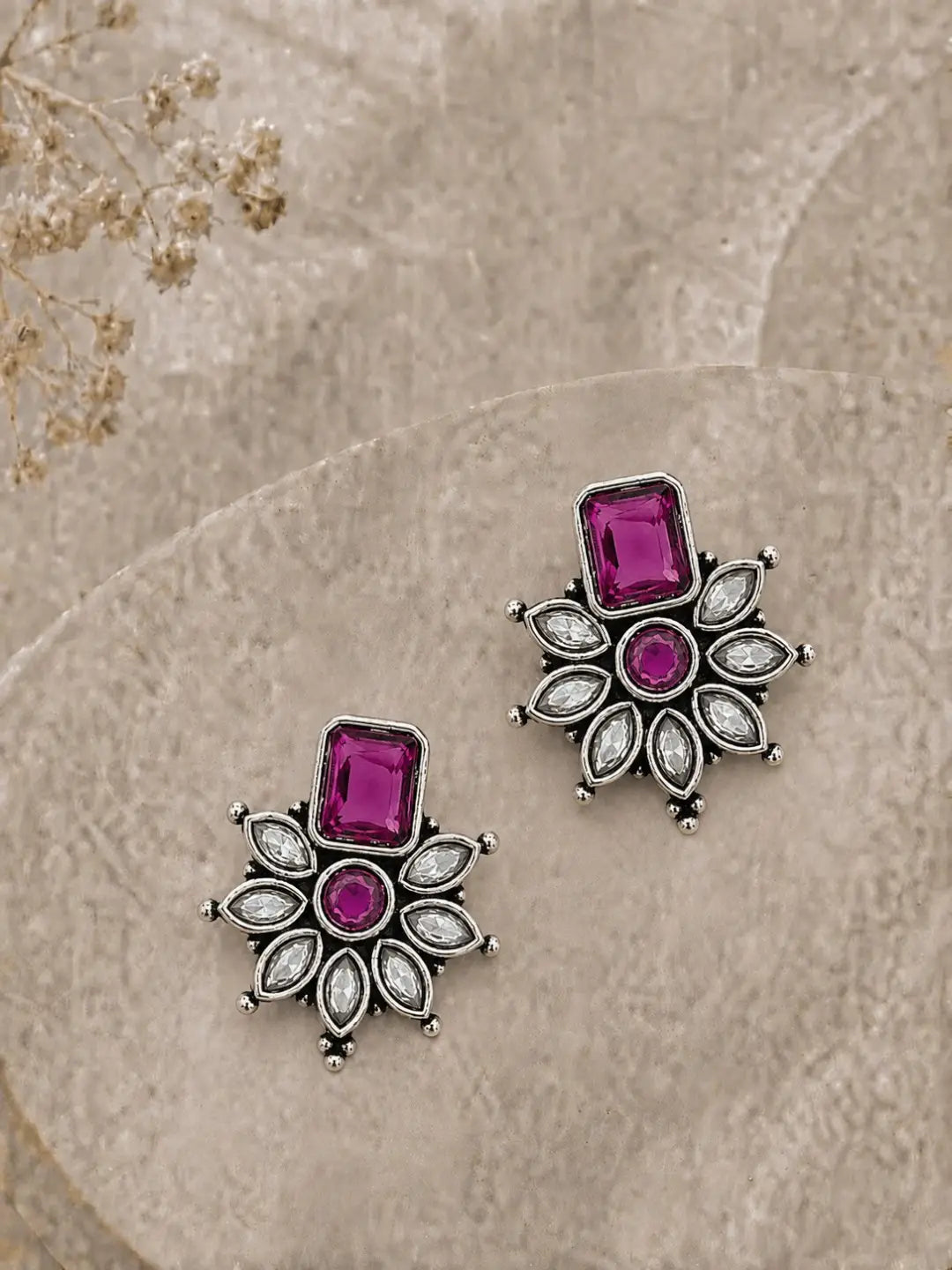 German Silver Wine Floral Statement Stud Earrings