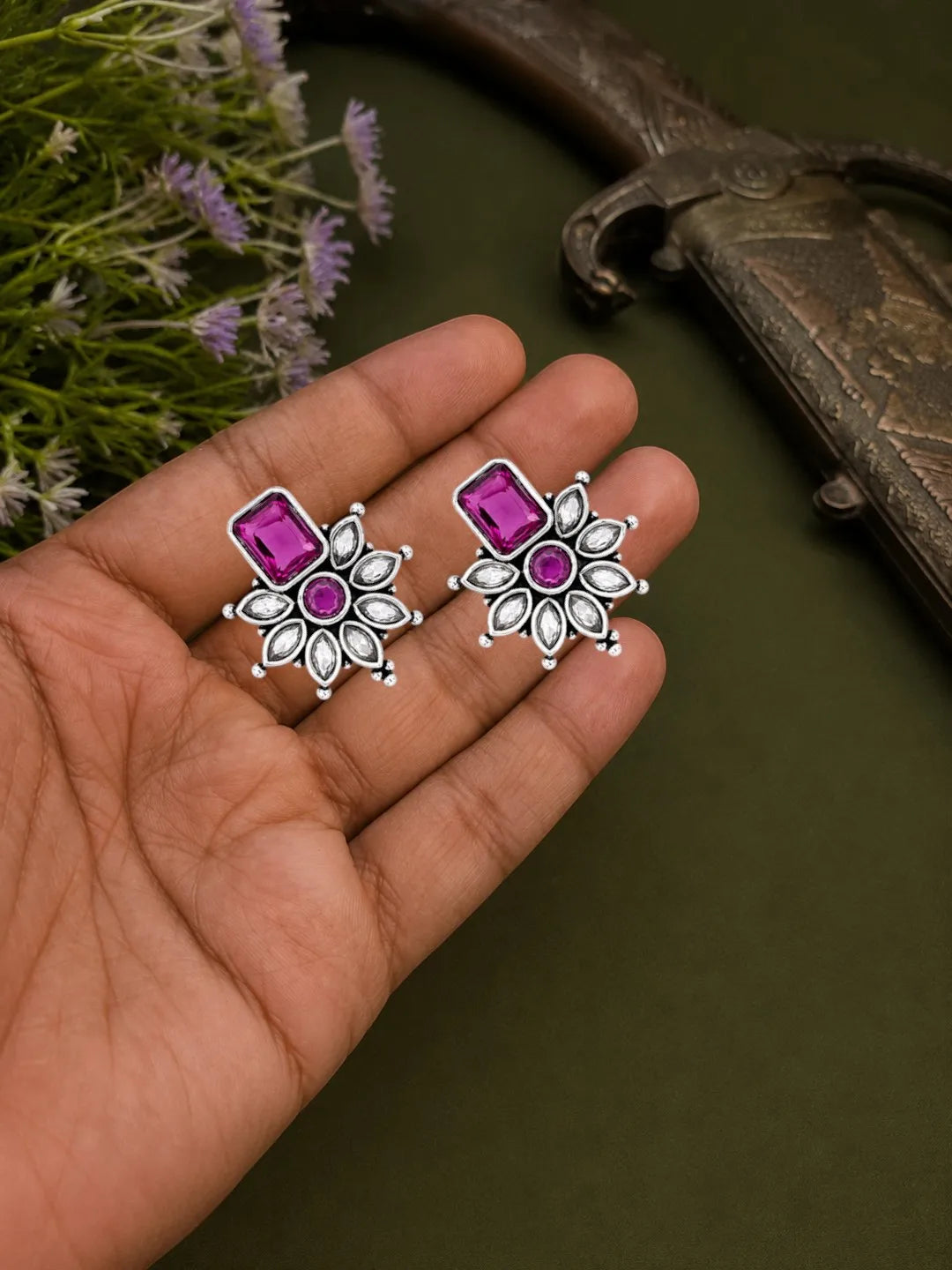 German Silver Wine Floral Statement Stud Earrings