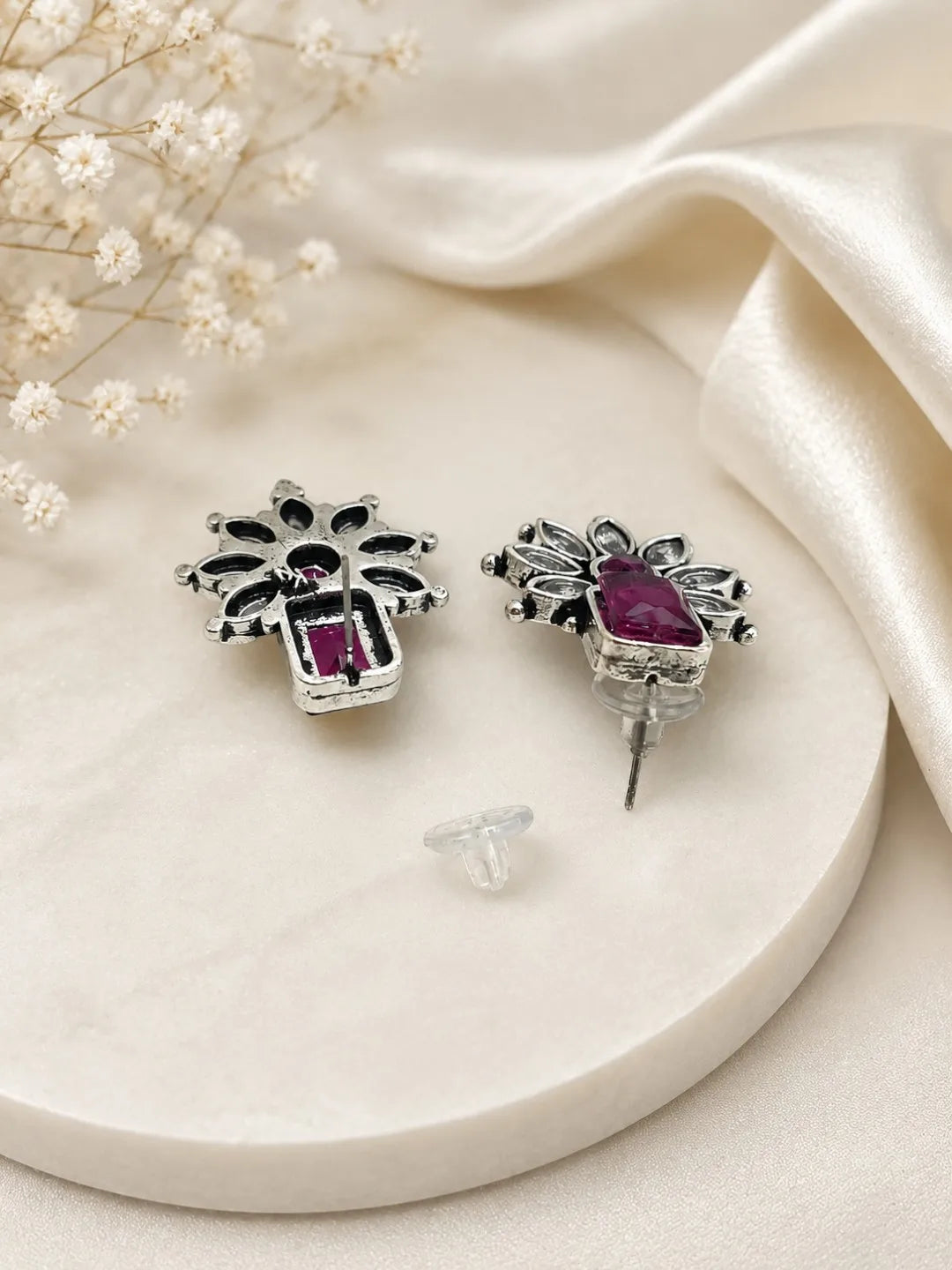 German Silver Wine Floral Statement Stud Earrings