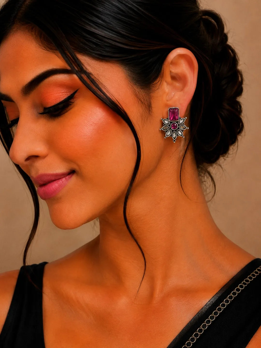 German Silver Wine Floral Statement Stud Earrings