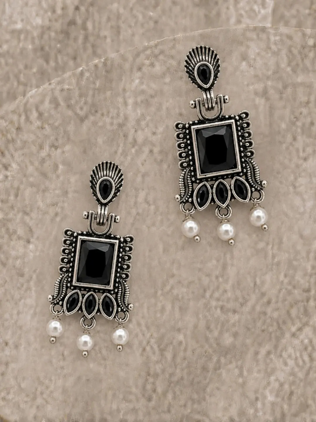 German Silver Black Geometric Statement Drop Earrings