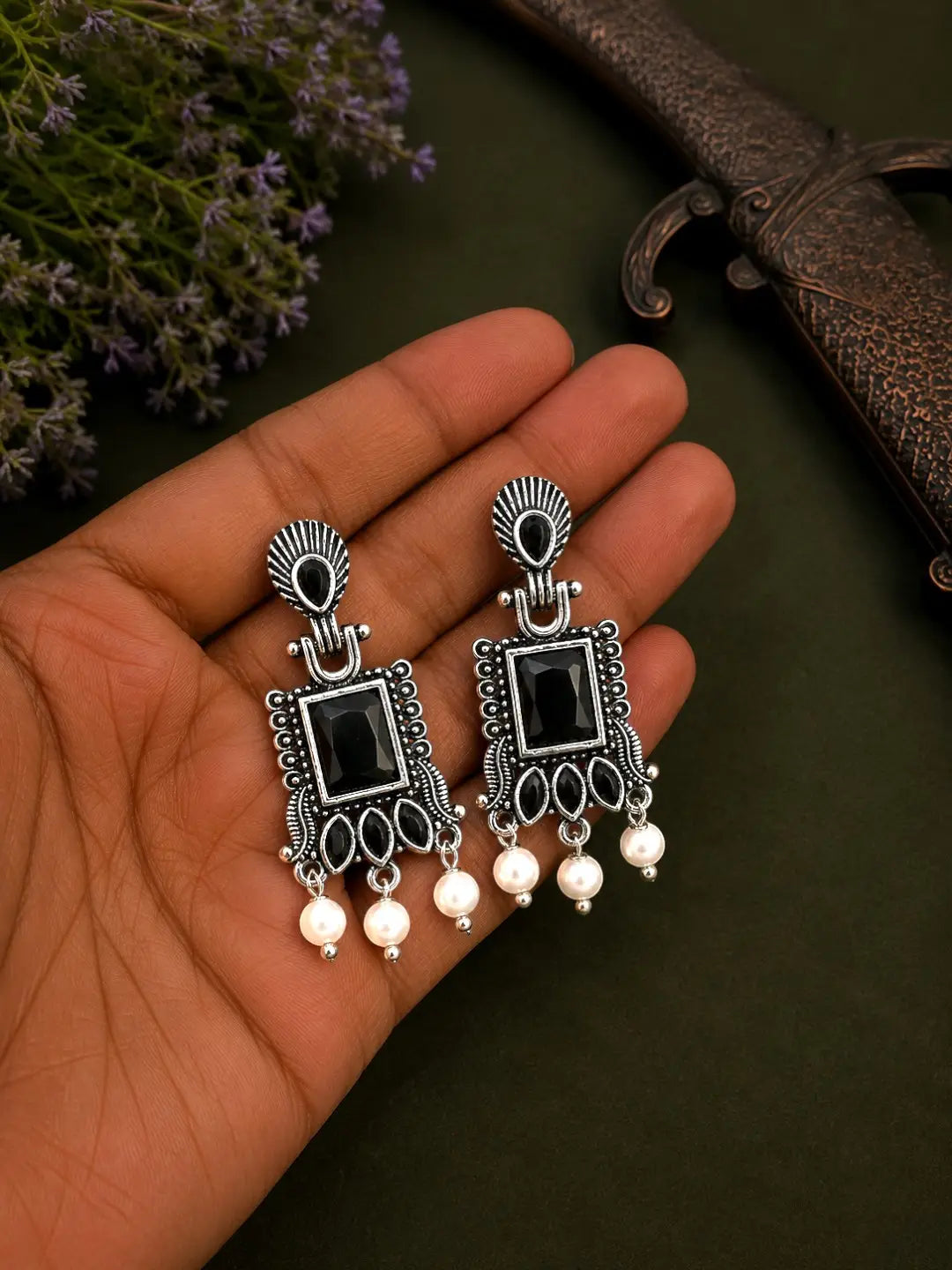 German Silver Black Geometric Statement Drop Earrings
