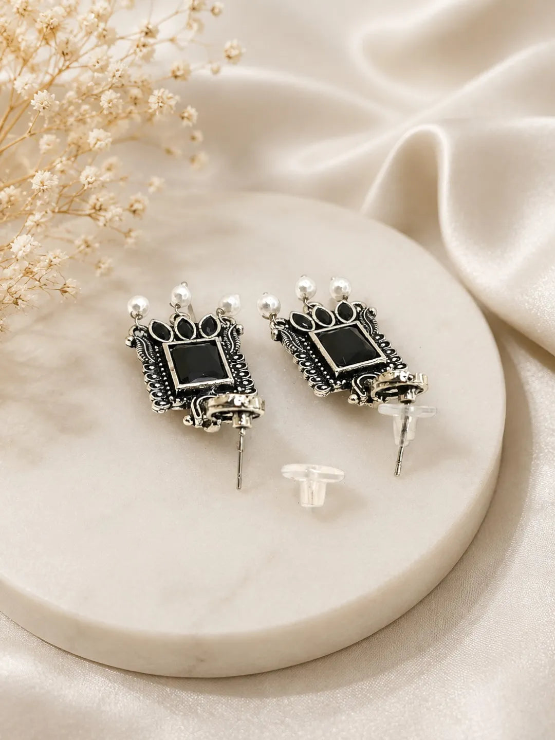 German Silver Black Geometric Statement Drop Earrings