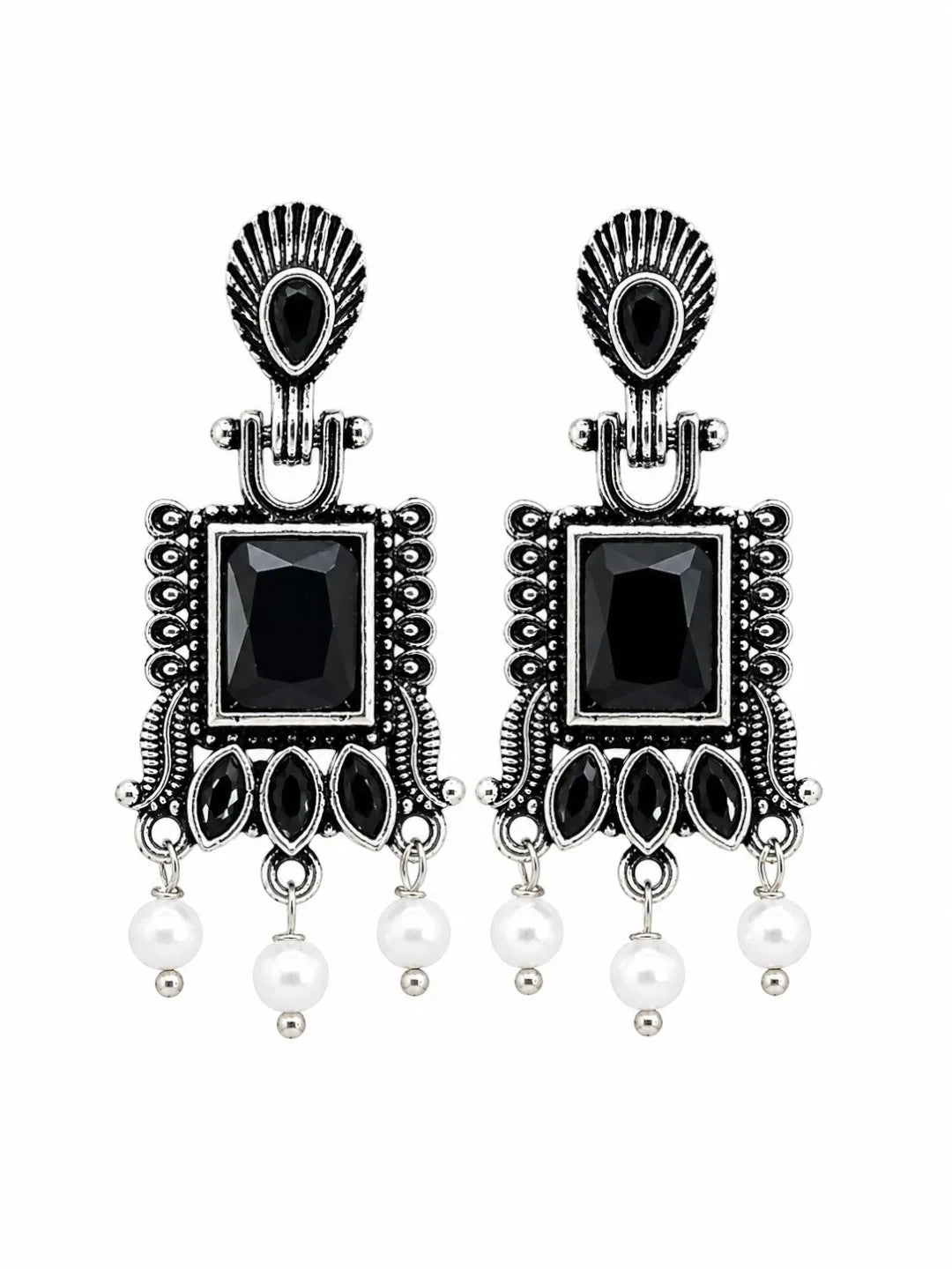 German Silver Black Geometric Statement Drop Earrings